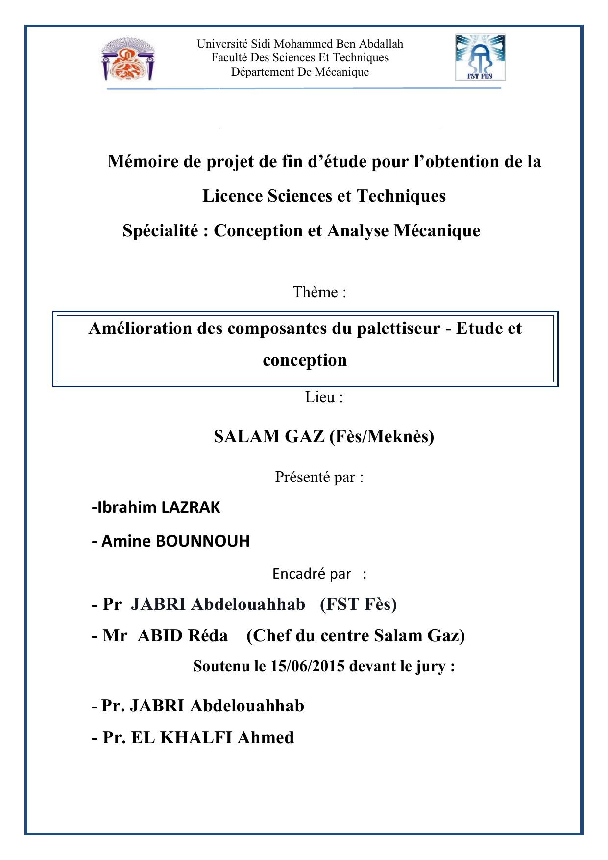 Amélioration des composantes du palettiseur - Etude et conception