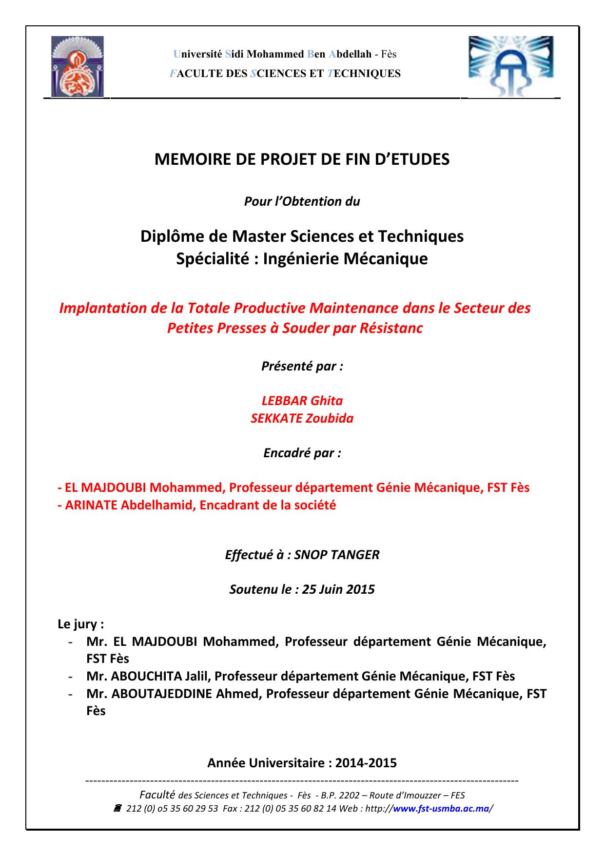 Implantation de la Totale Productive Maintenance dans le Secteur des Petites Presses à Souder par Résistanc