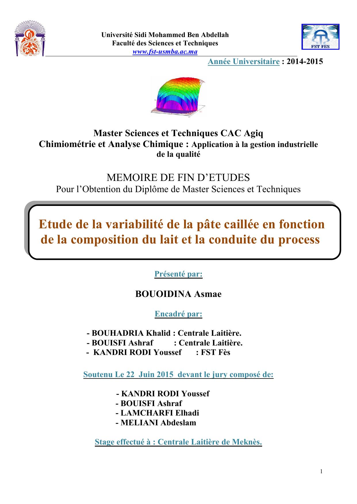 Etude de la variabilité de la pâte caillée en fonction de la composition du lait et la conduite du process