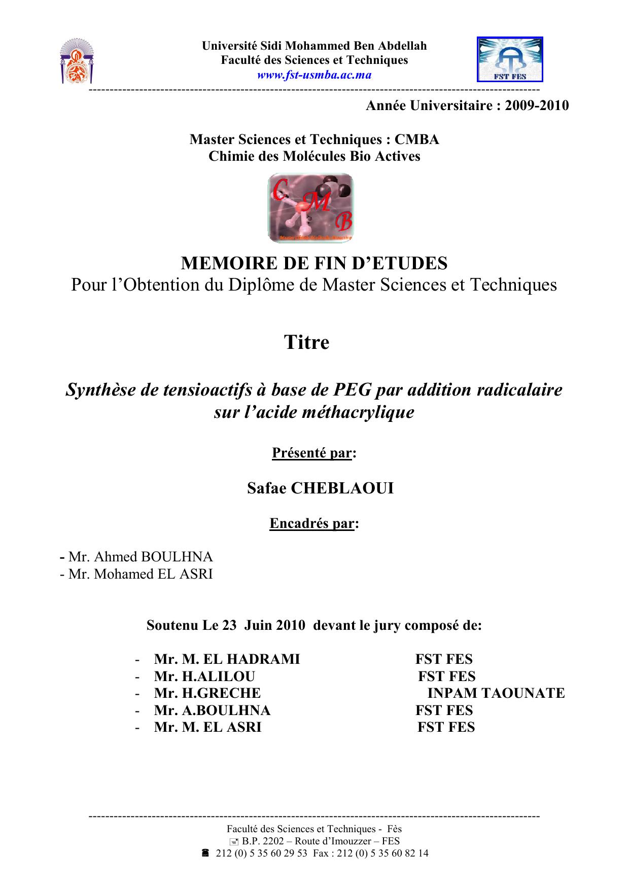 Synthèse de tensioactifs à base de PEG par addition radicalaire sur l’acide méthacrylique