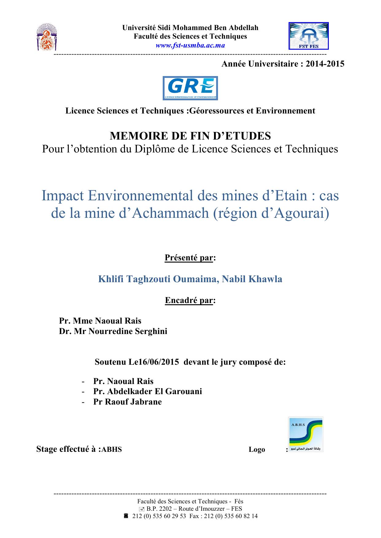 Impact Environnemental des mines d’Etain : cas de la mine d’Achammach (région d’Agourai)