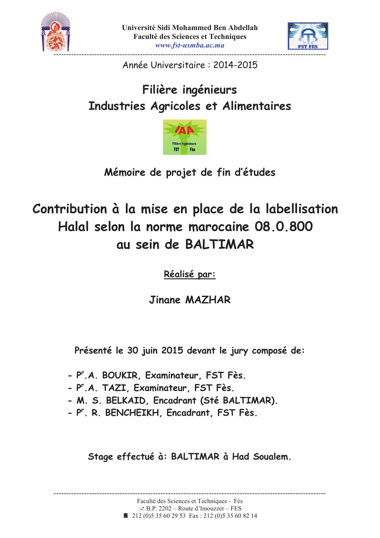 Contribution à la mise en place de la labellisation Halal selon la norme marocaine 08.0.800 au sein de BALTIMAR