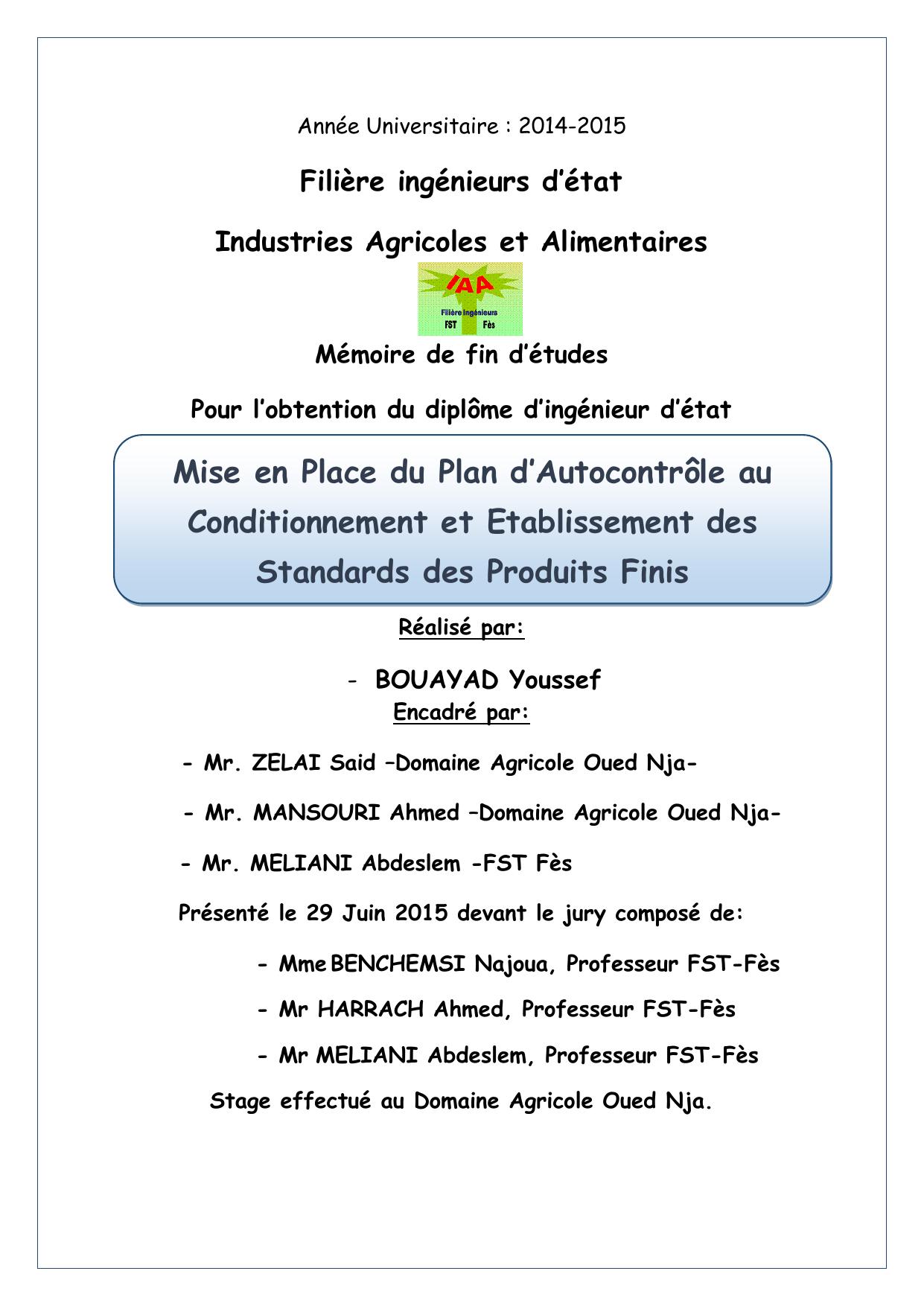 Mise en Place du Plan d’Autocontrôle au Conditionnement et Etablissement des Standards des Produits Finis