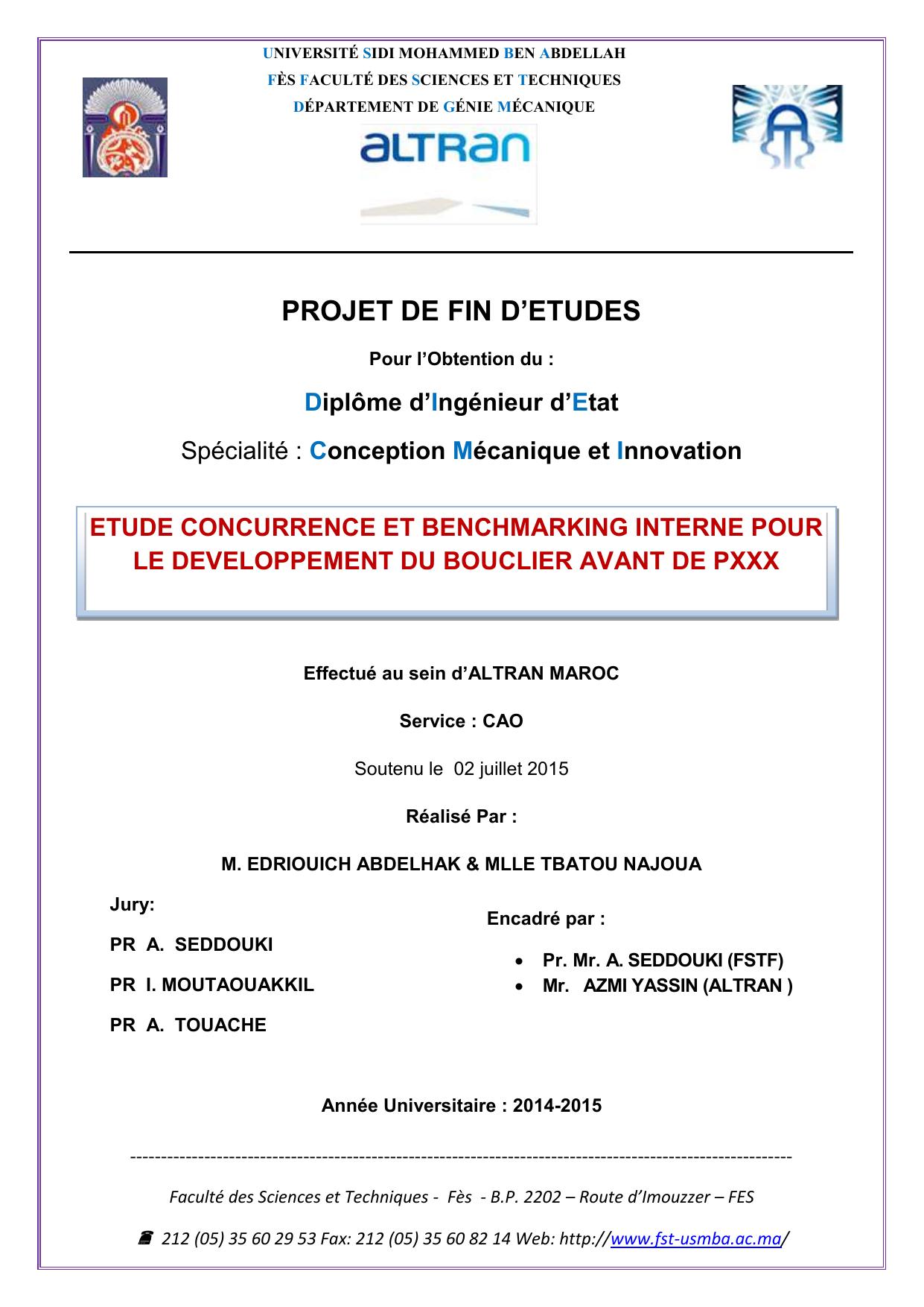 ETUDE CONCURRENCE ET BENCHMARKING INTERNE POUR LE DEVELOPPEMENT DU BOUCLIER AVANT DE PXXX