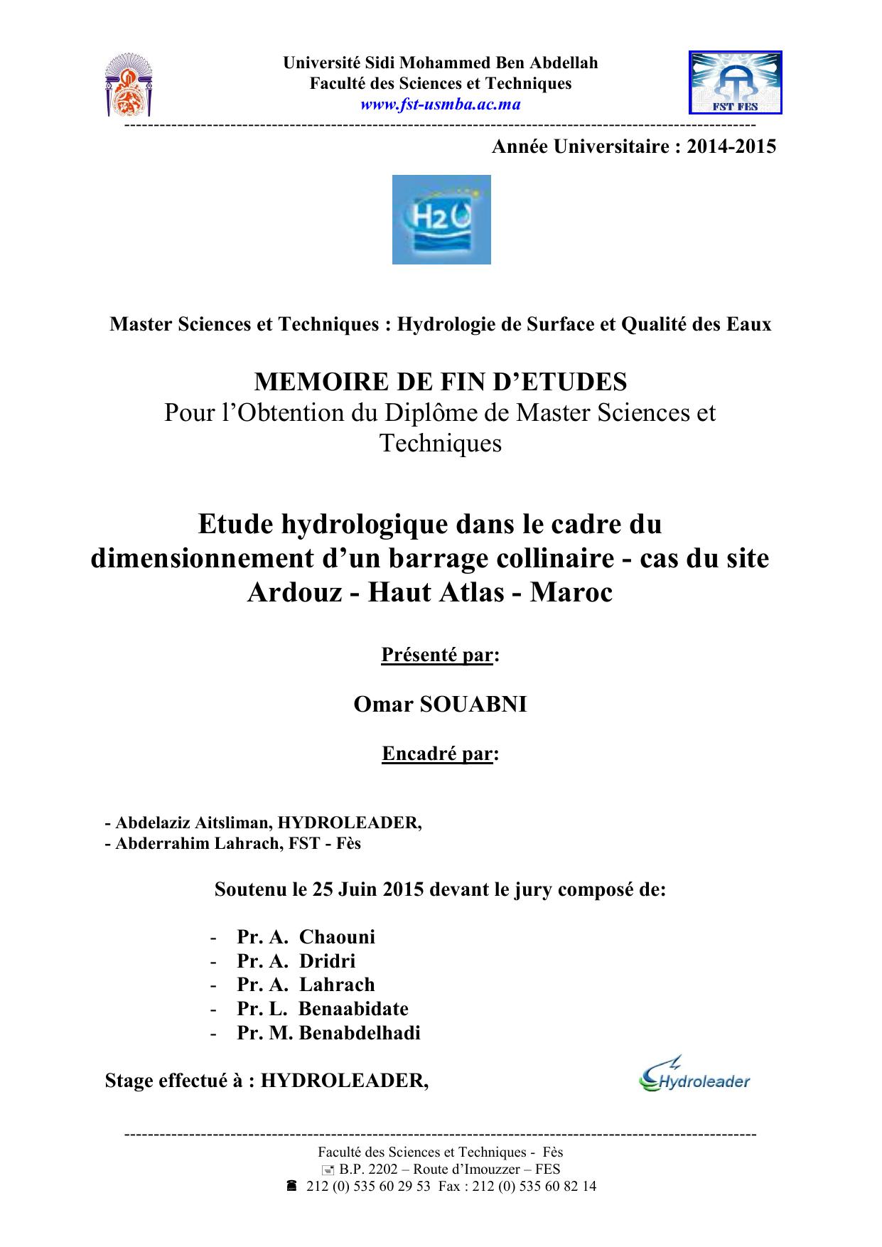 Etude hydrologique dans le cadre du dimensionnement d’un barrage collinaire - cas du site Ardouz - Haut Atlas - Maroc