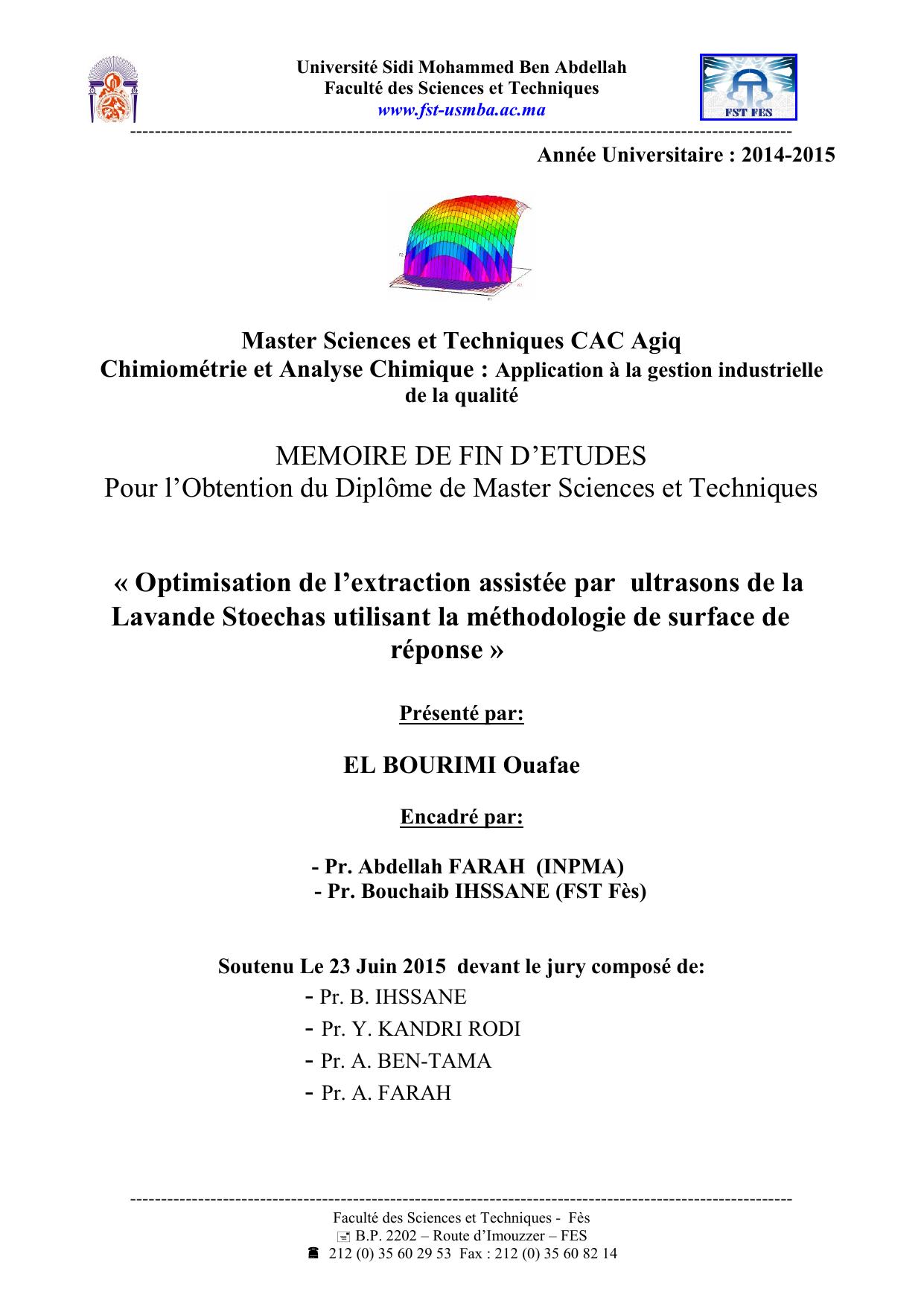 Optimisation de l’extraction assistée par ultrasons de la Lavande Stoechas utilisant la méthodologie de surface de réponse