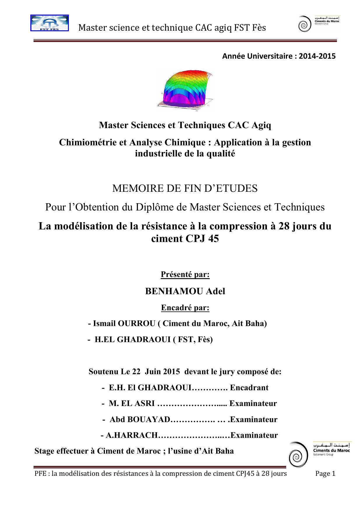 La modélisation de la résistance à la compression à 28 jours du ciment CPJ 45