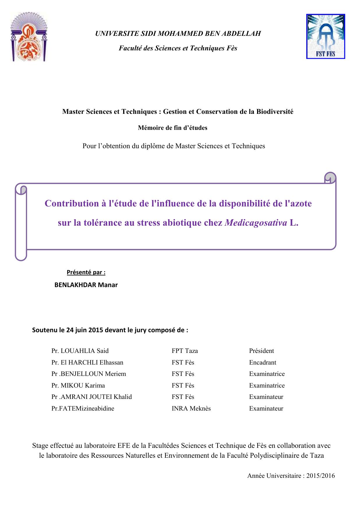 Contribution à l'étude de l'influence de la disponibilité de l'azote sur la tolérance au stress abiotique chez Medicagosativa L.