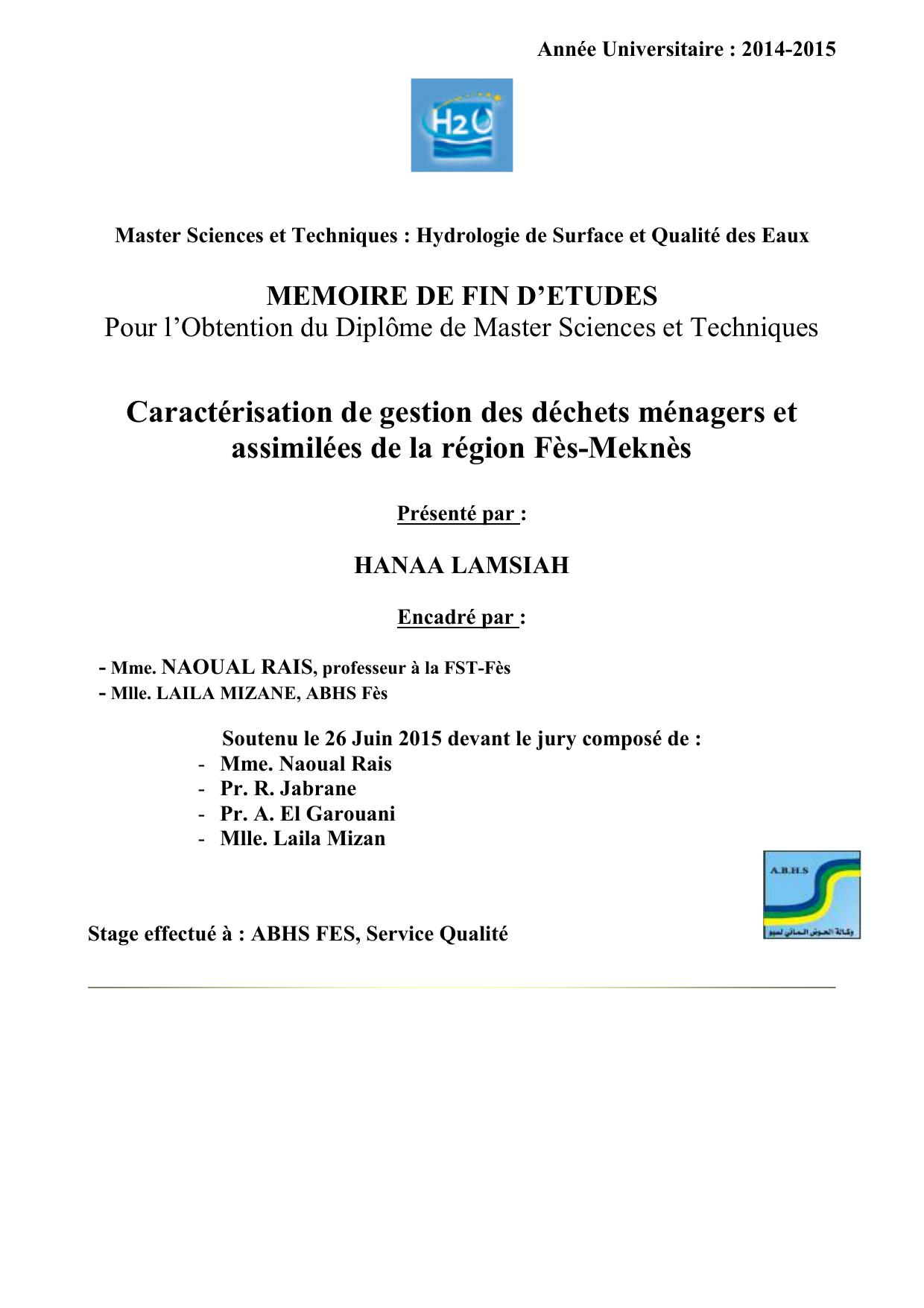 Caractérisation de gestion des déchets ménagers et assimilées de la région Fès-Meknès