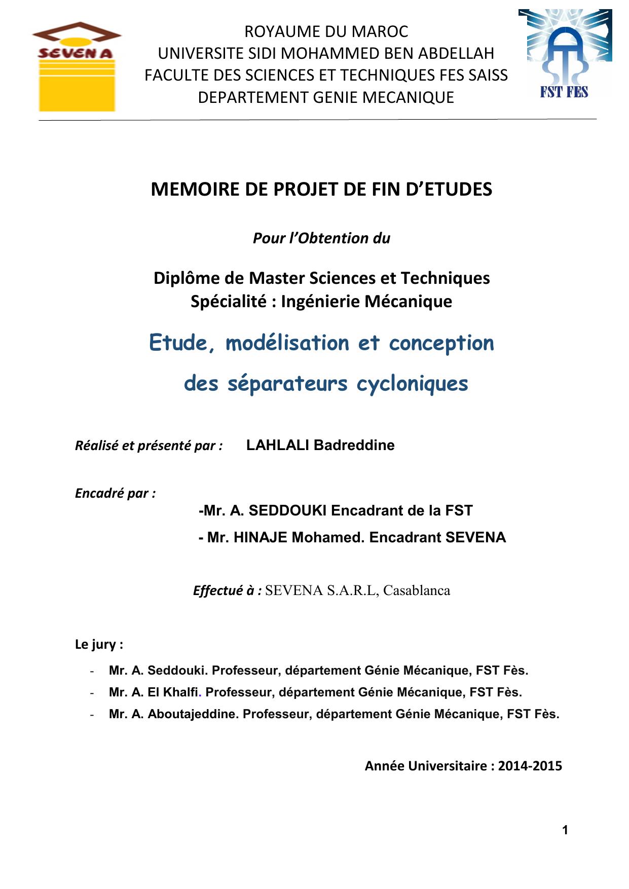 Etude, modélisation et conception des séparateurs cycloniques