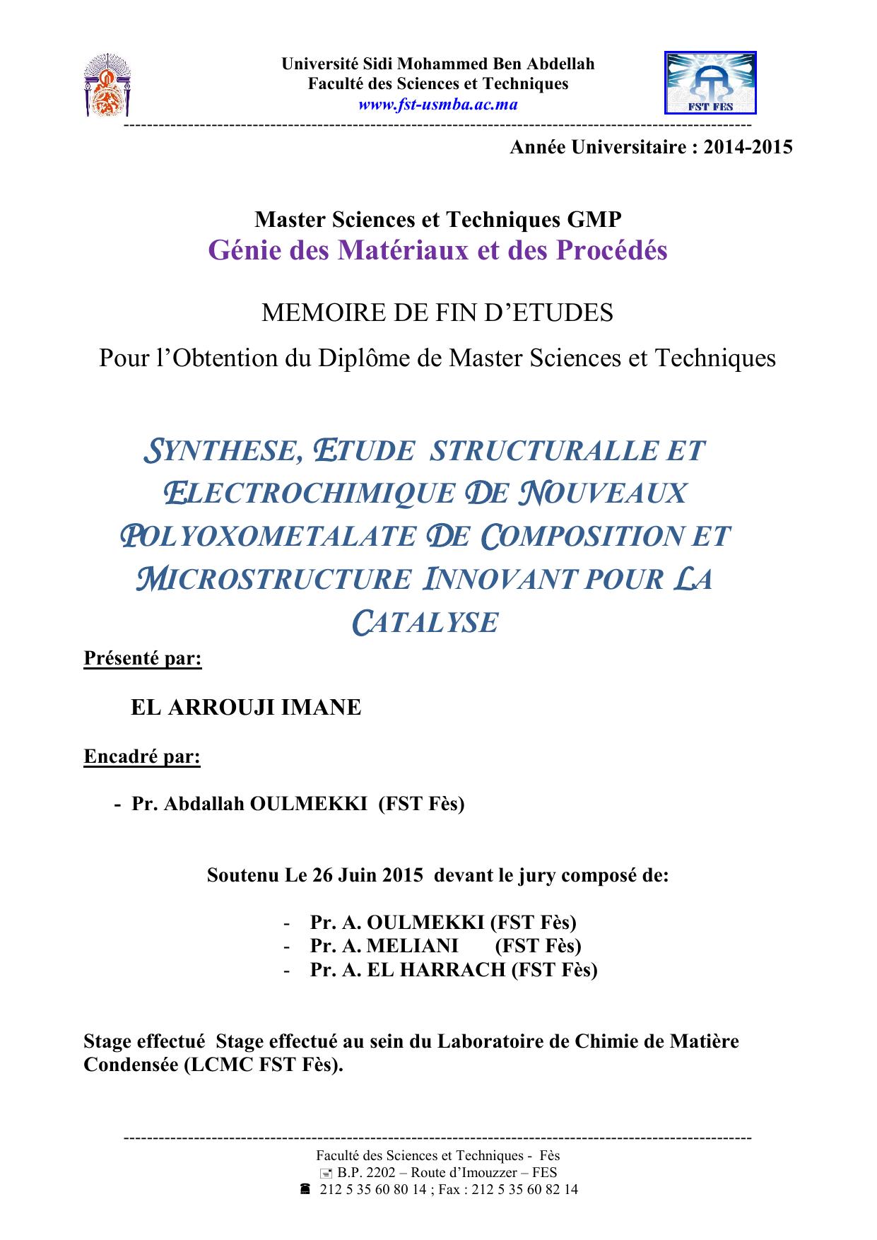 SYNTHESE, ETUDE ET ELECTROCHIMIQUE DES NOUVEAUX POLYMOXALLATES DE COMPOSITION ET MICROSTRUCTURE INNOVANT POUR LA CATALYSE