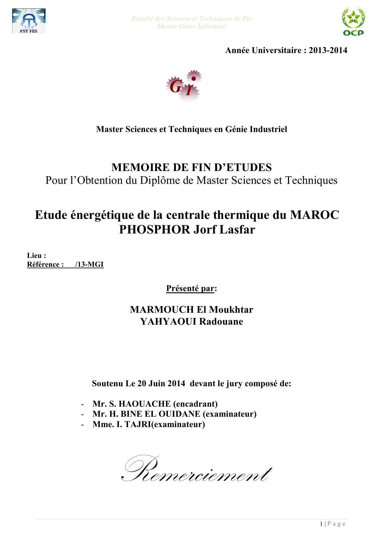 Etude énergétique de la centrale thermique du MAROC PHOSPHOR Jorf Lasfar