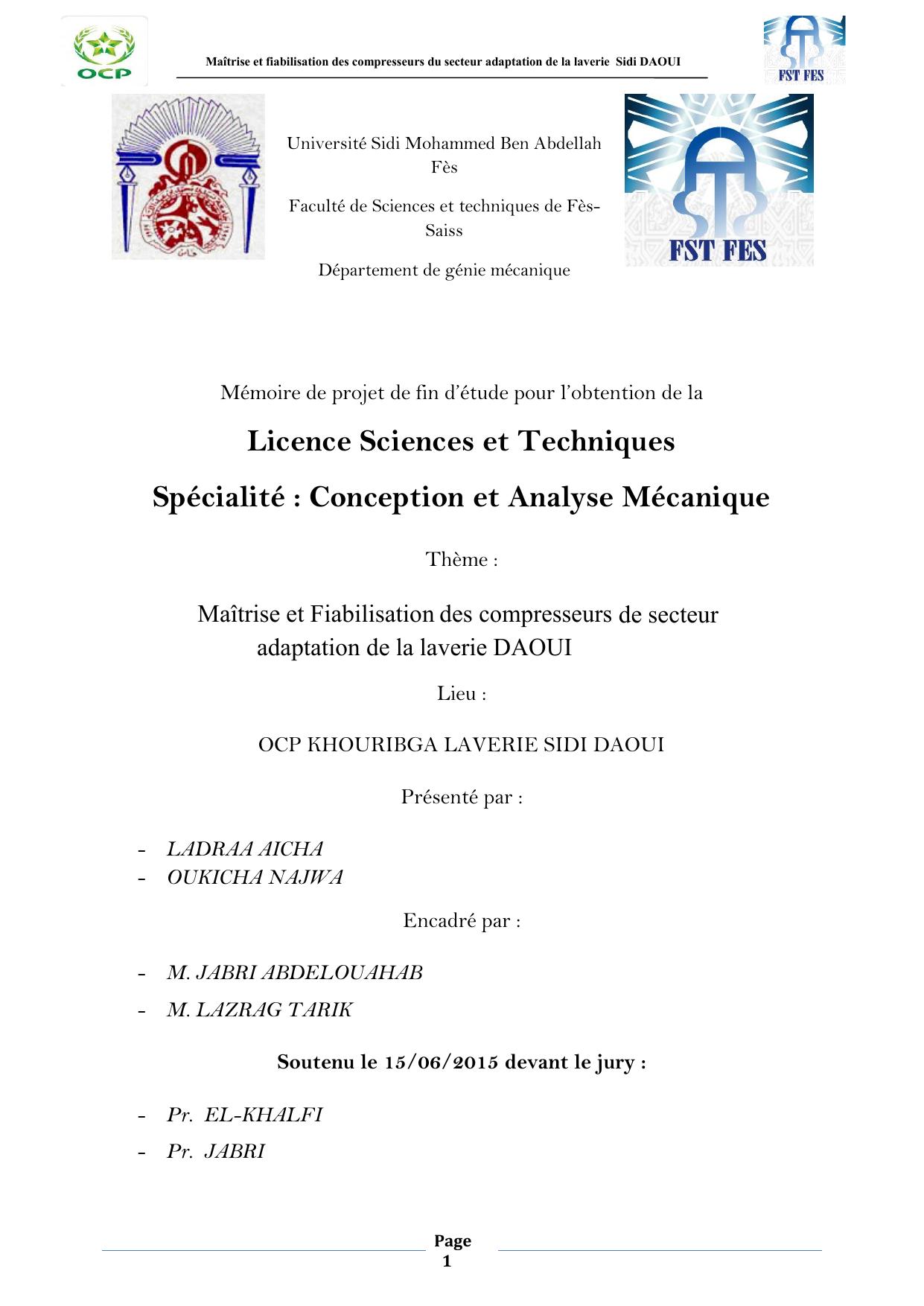 Maîtrise et Fiabilisation des compresseurs de secteur adaptation de la laverie DAOUI