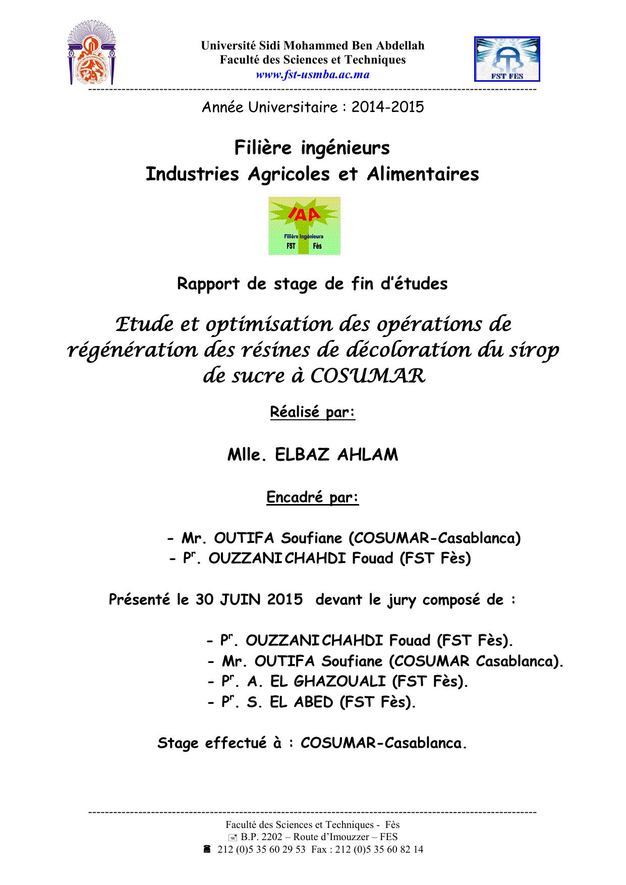 Etude et optimisation des opérations de régénération des résines de décoloration du sirop de sucre à COSUMAR