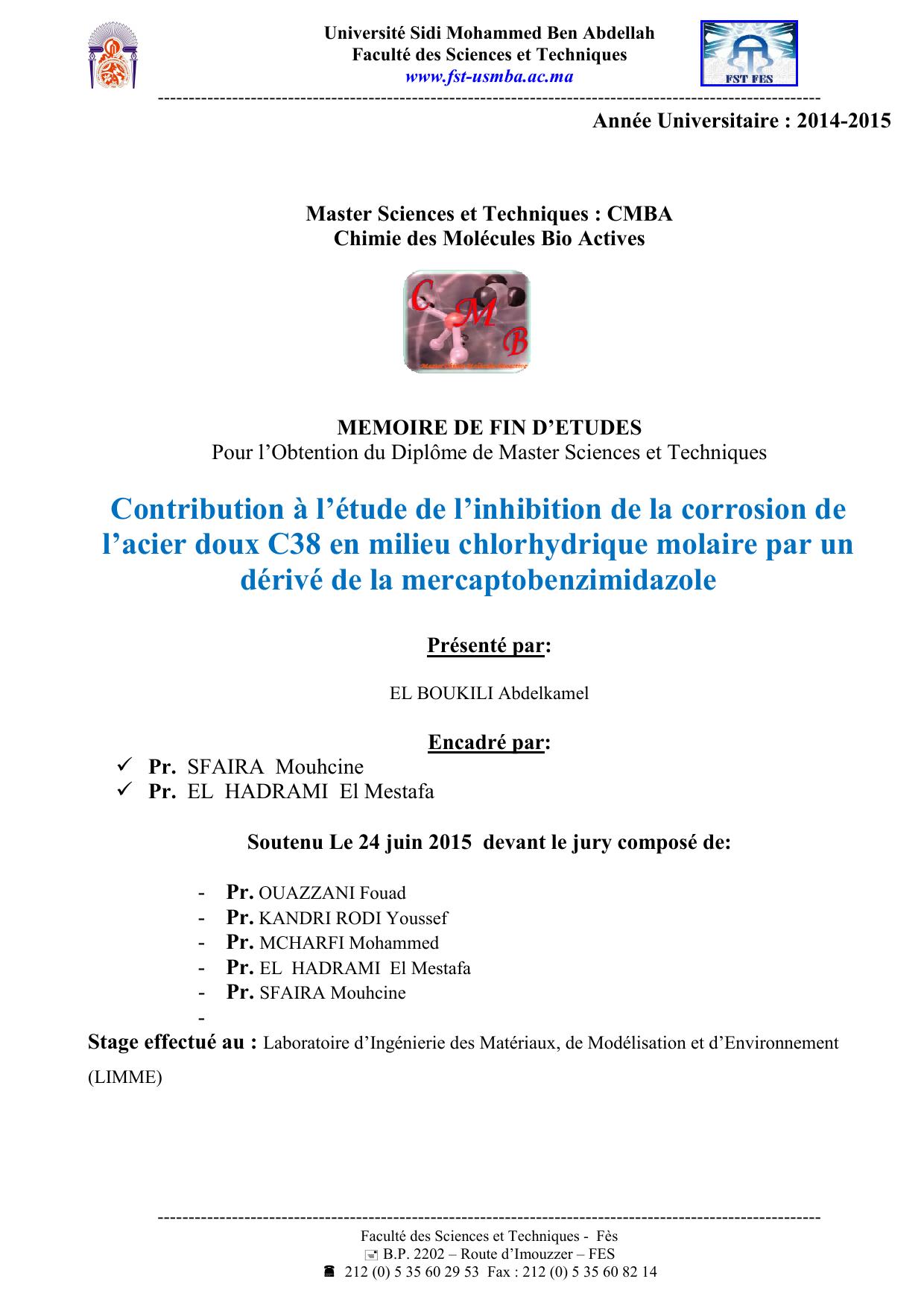 Contribution à l’étude de l’inhibition de la corrosion de l’acier doux C38 en milieu chlorhydrique molaire par un dérivé de la mercaptobenzimidazole