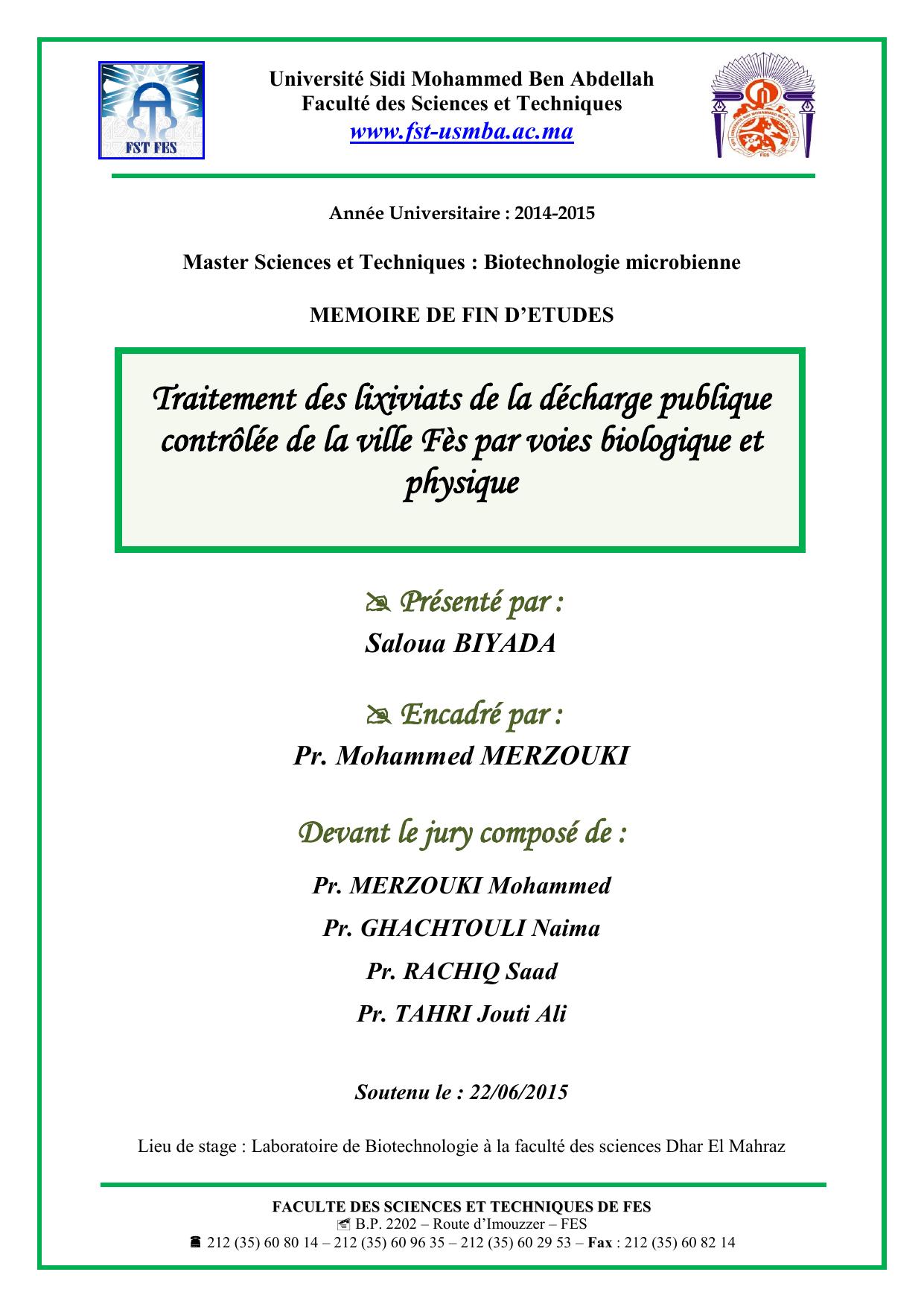 Traitement des lixiviats de la décharge publique contrôlée de la ville Fès par voies biologique et physique