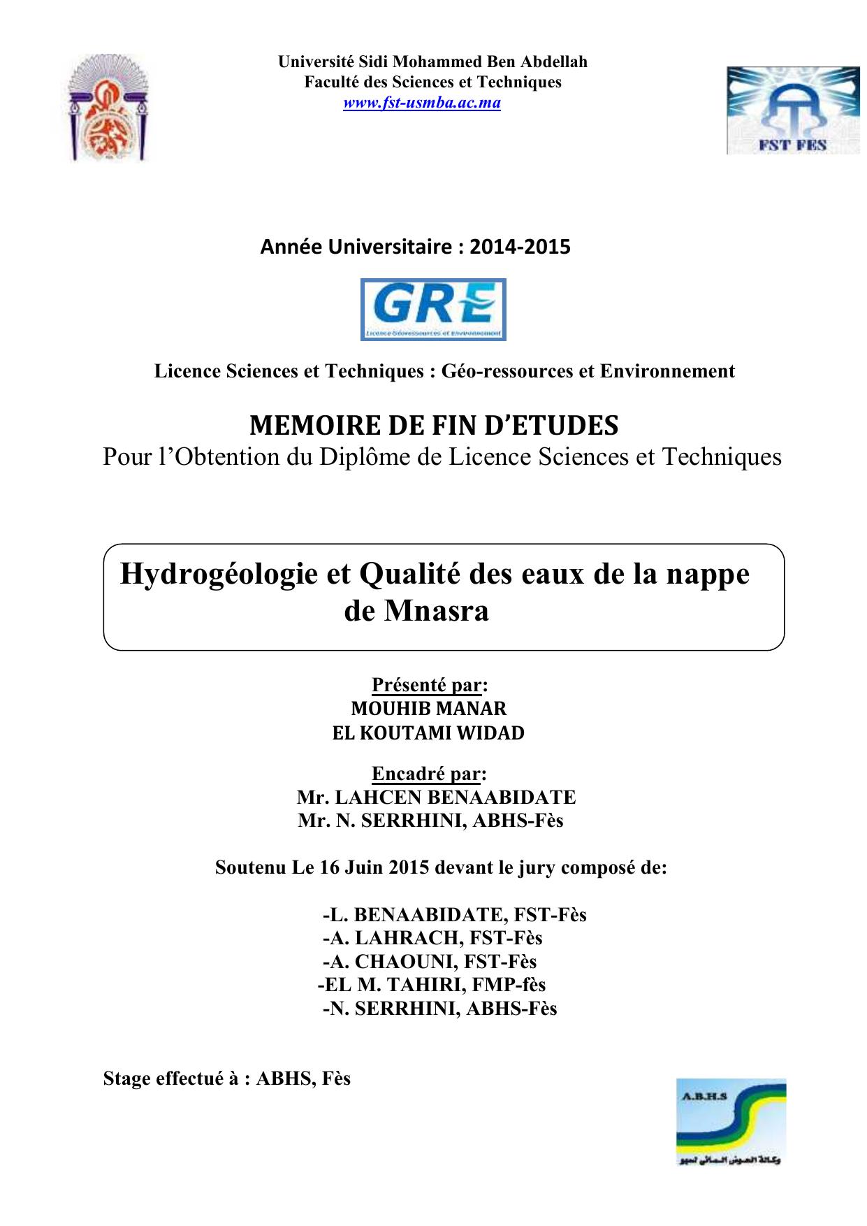 Hydrogéologie et Qualité des eaux de la nappe de Mnasra