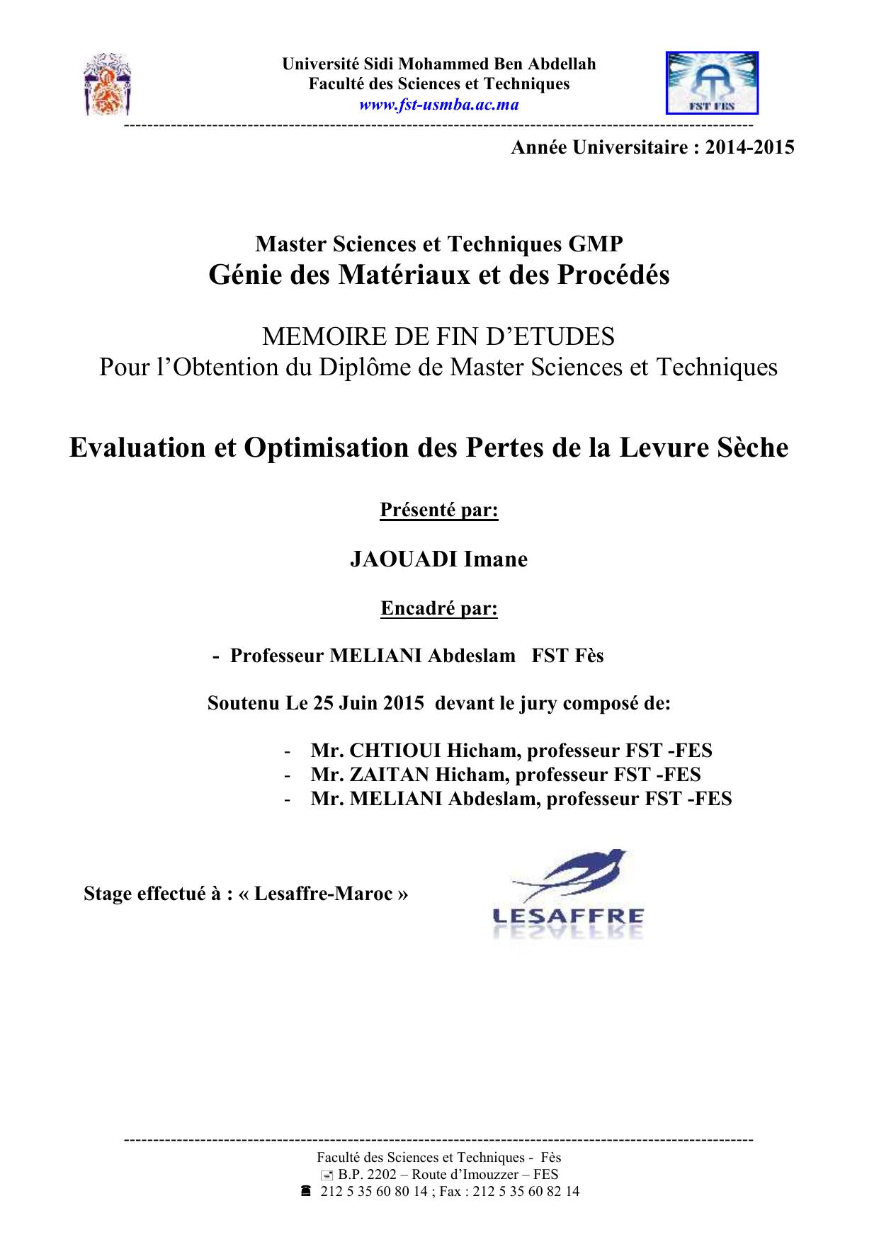 Evaluation et Optimisation des Pertes de la Levure Sèche