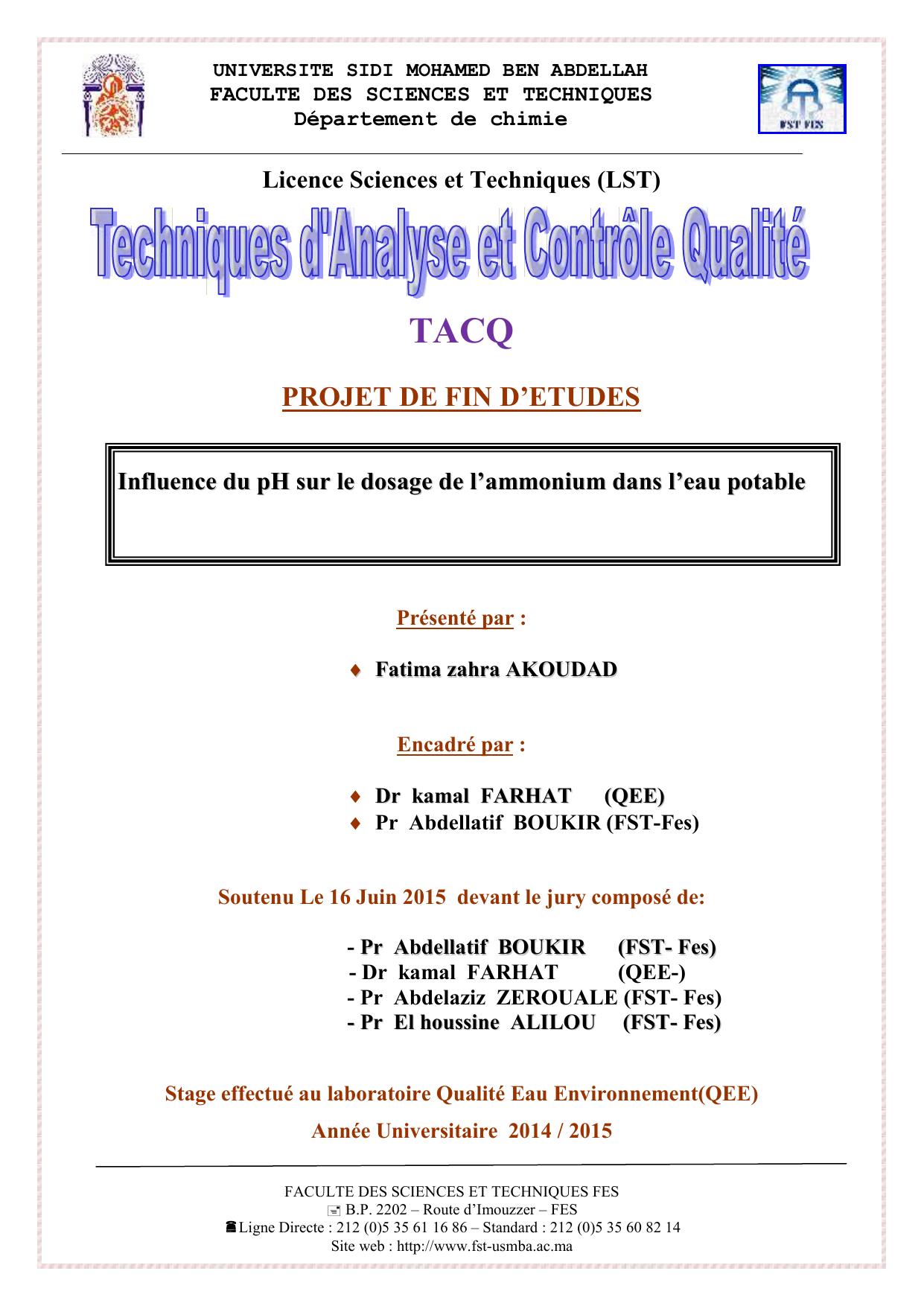 Influence du pH sur le dosage de l’ammonium dans l’eau potable