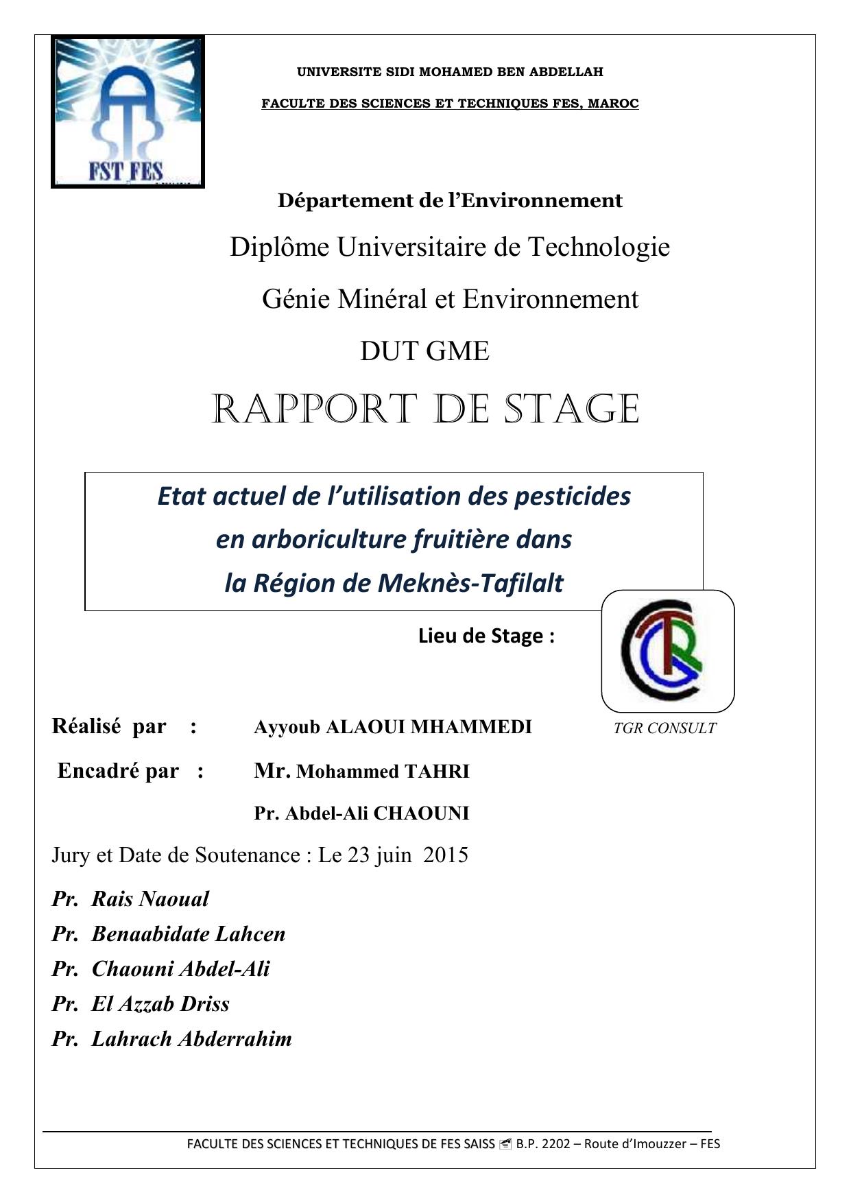 Etat actuel de l’utilisation des pesticides en arboriculture fruitière dans la Région de Meknès-Tafilalt