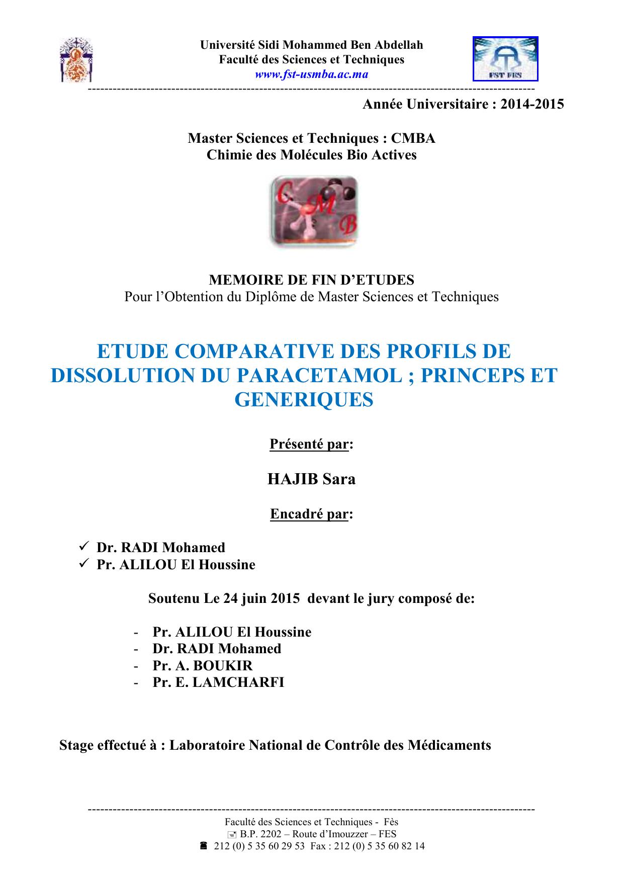 ETUDE COMPARATIVE DES PROFILS DE DISSOLUTION DU PARACETAMOL ; PRINCEPS ET GENERIQUES