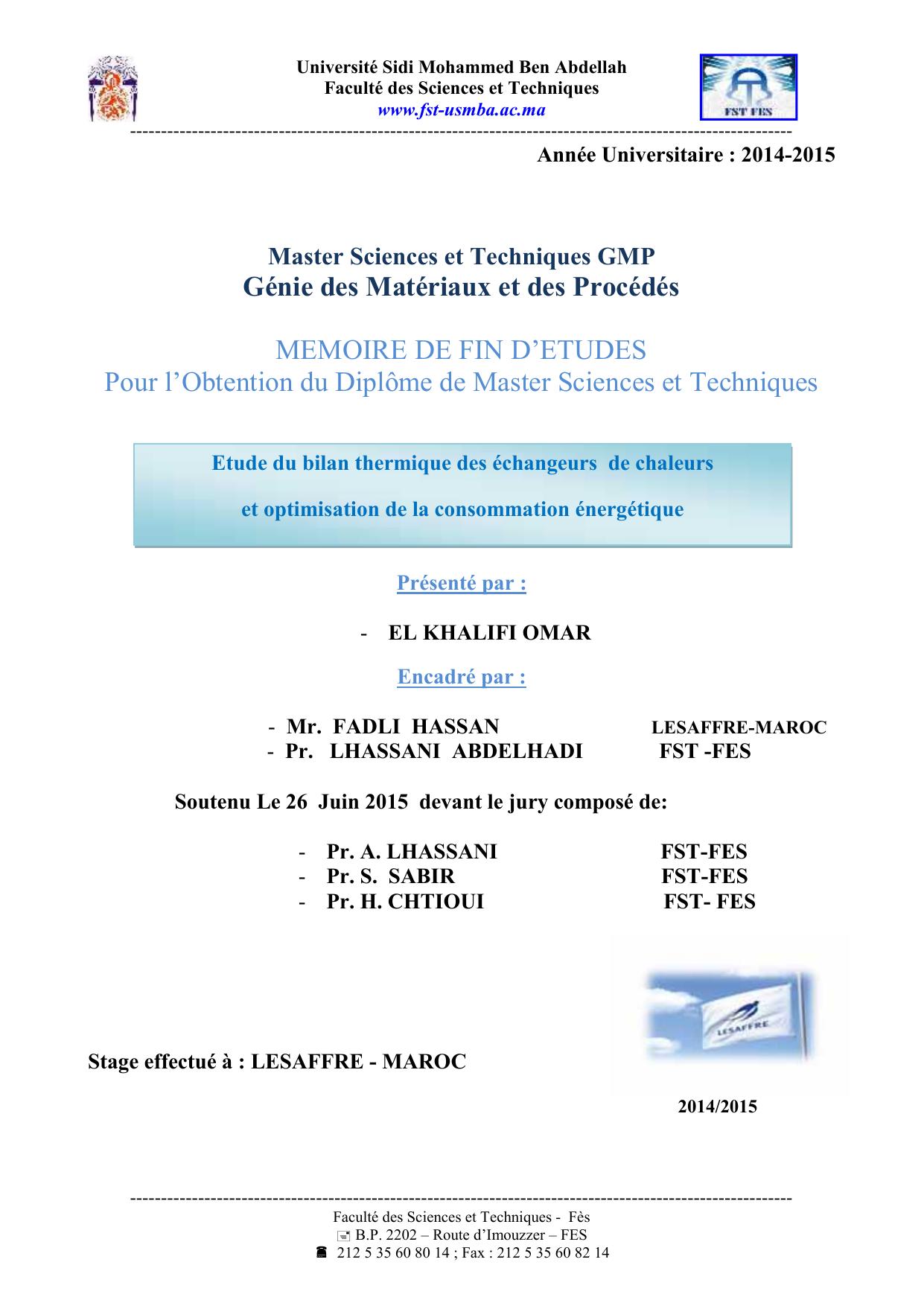 Etude du bilan thermique des échangeurs de chaleurs et optimisation de la consommation énergétique