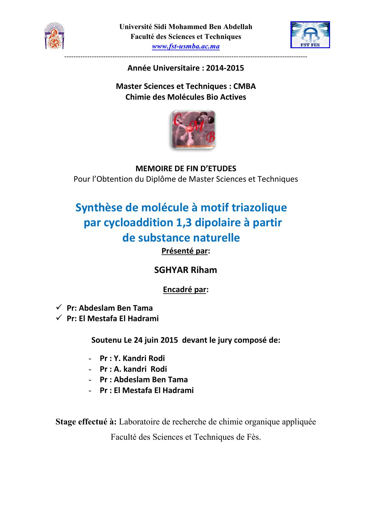 Synthèse de molécule à motif triazolique par cycloaddition 1,3 dipolaire à partir de substance naturelle