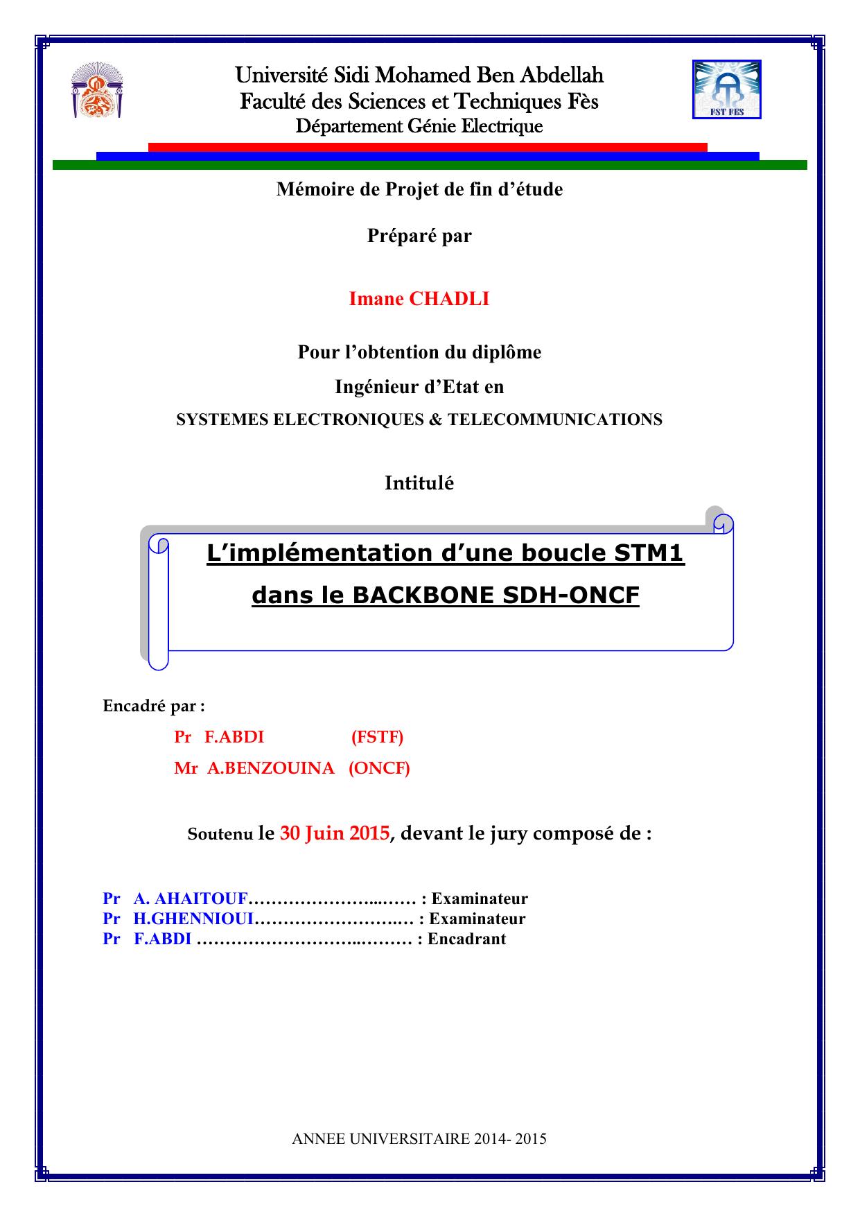 L’implémentation d’une boucle STM1 dans le BACKBONE SDH-ONCF