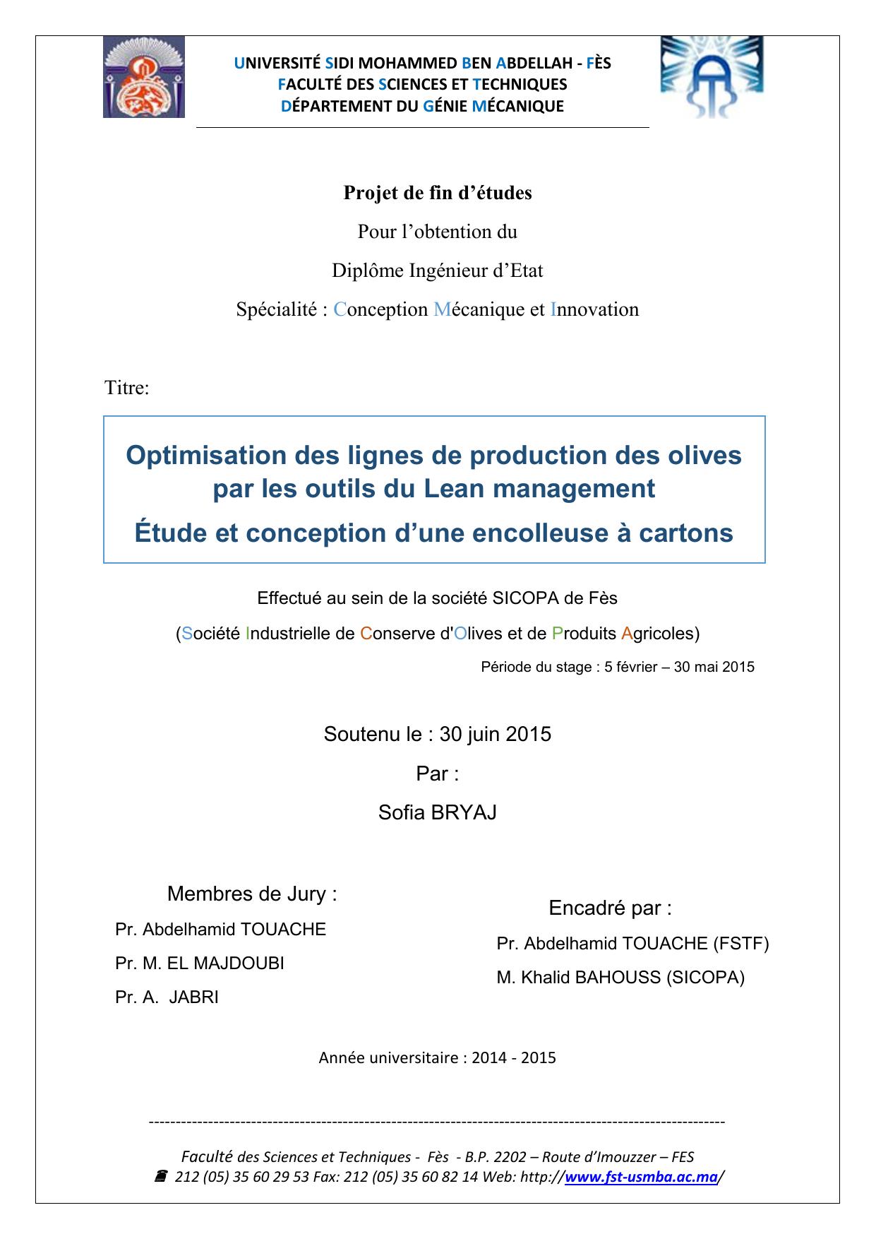 Optimisation des lignes de production des olives par les outils du Lean management Étude et conception d’une encolleuse à cartons