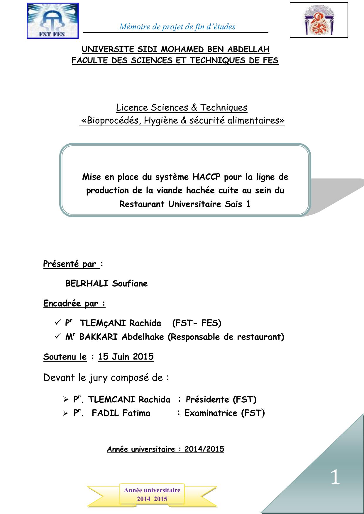 Mise en place du système HACCP pour la ligne de production de la viande hachée cuite au sein du Restaurant Universitaire Sais 1