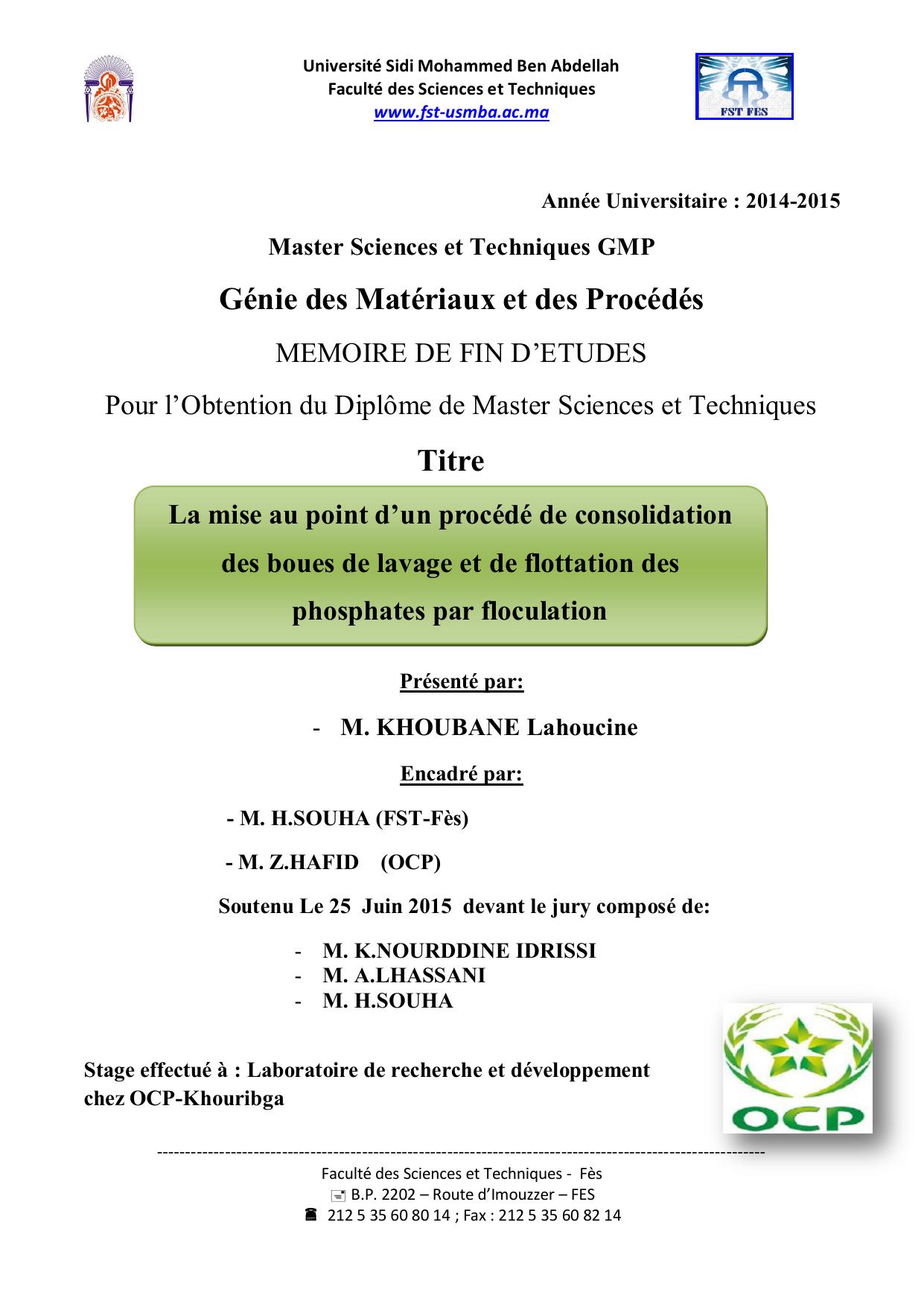 La mise au point d’un procédé de consolidation des boues de lavage et de flottation des phosphates par floculation