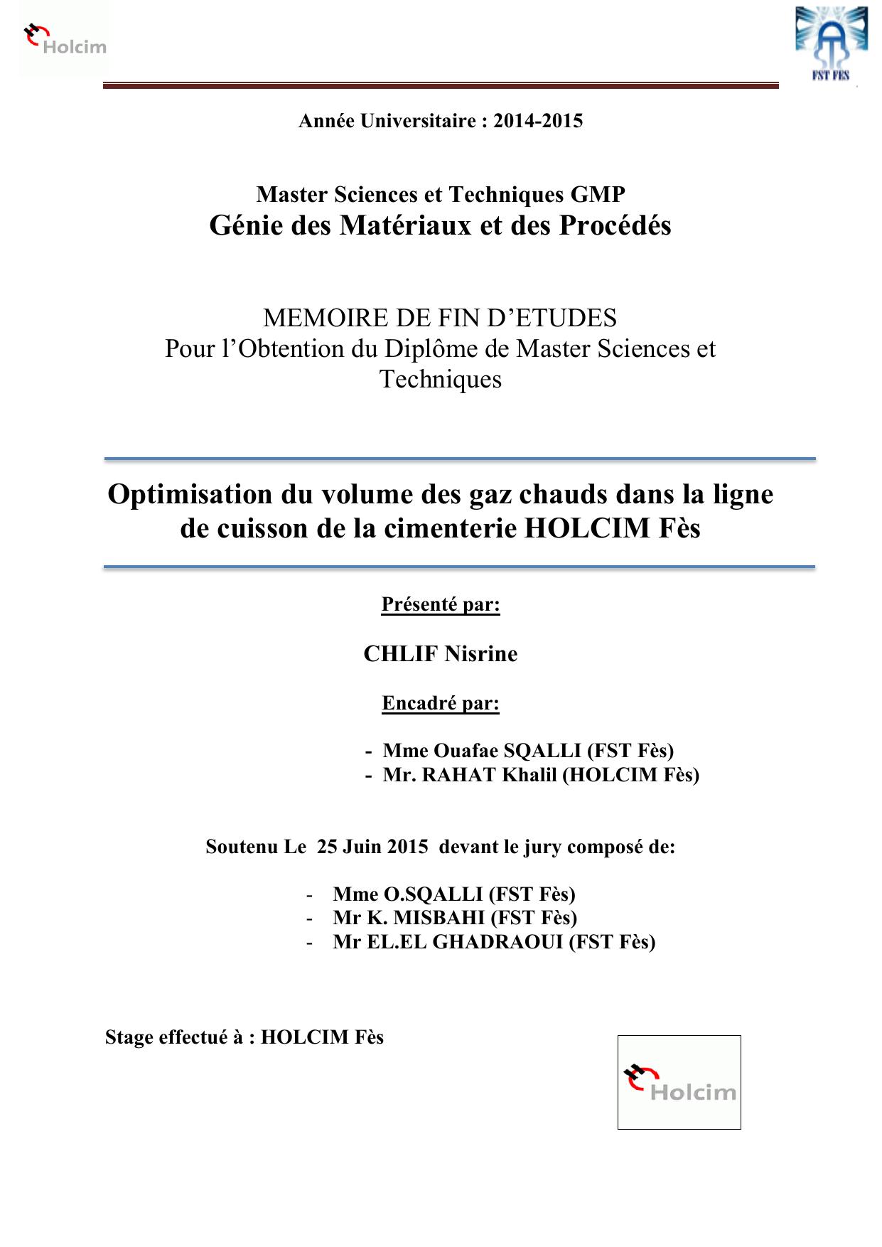 Optimisation du volume des gaz chauds dans la ligne de cuisson de la cimenterie HOLCIM Fès