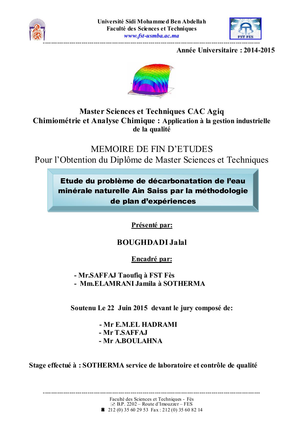 Etude du problème de décarbonatation de l’eau minérale naturelle Ain Saiss par la méthodologie de plan d’expériences