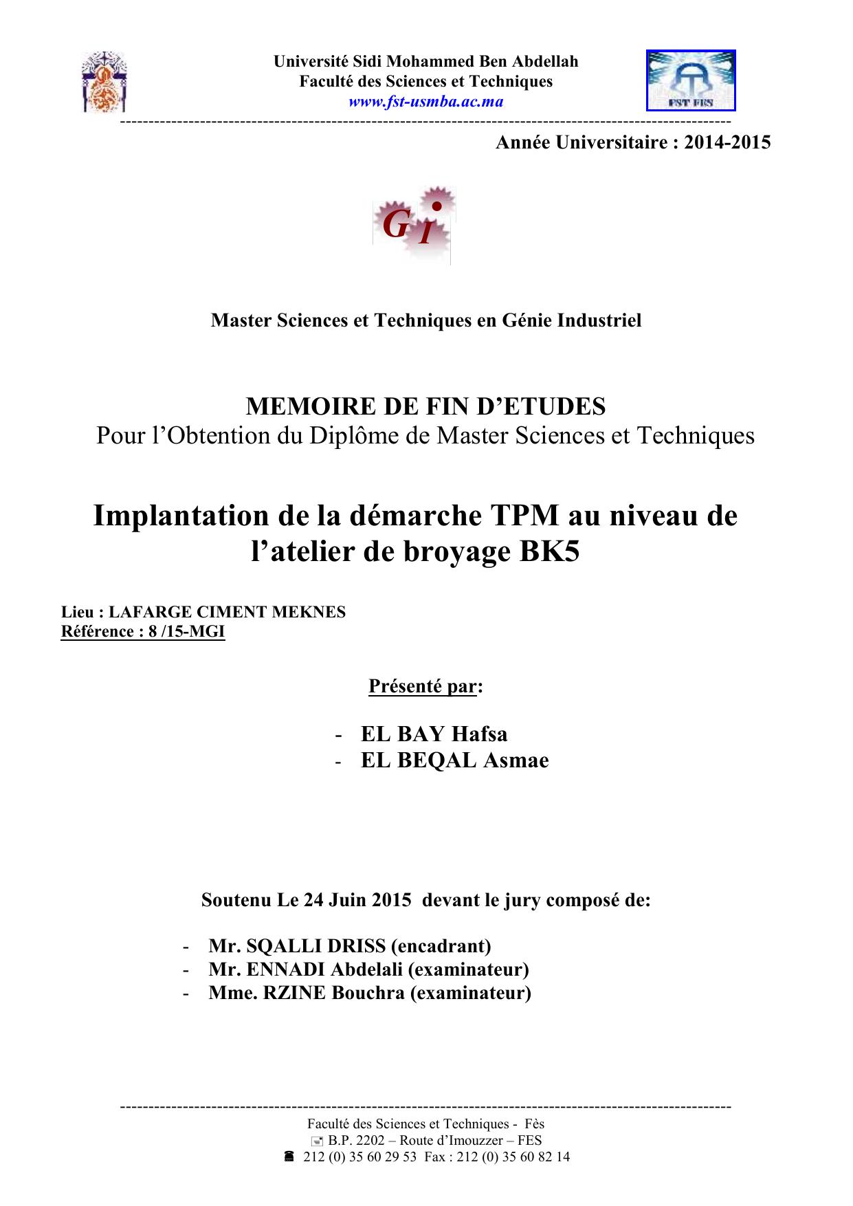 Implantation de la démarche TPM au niveau de l’atelier de broyage BK5