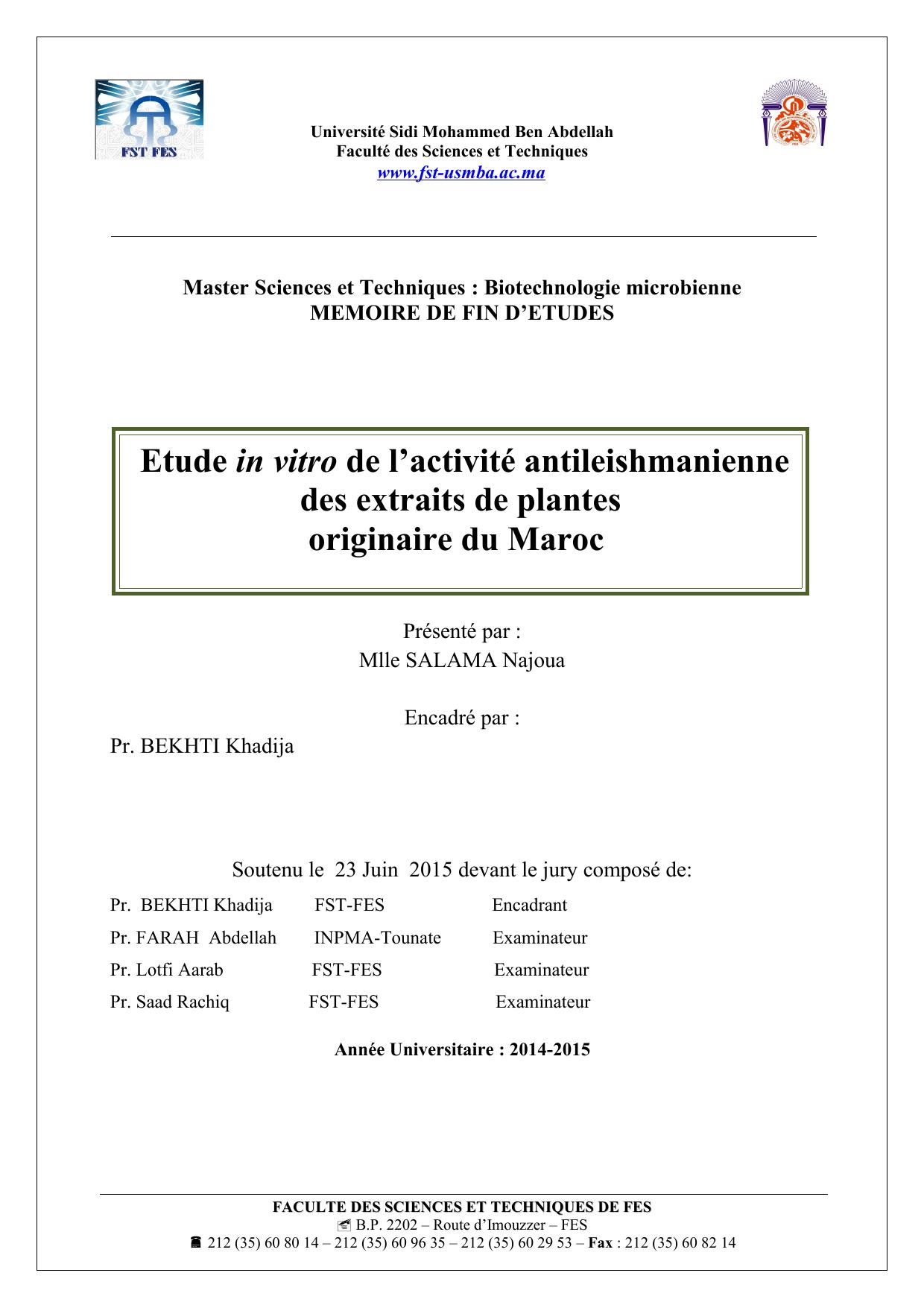 Etude in vitro de l’activité antileishmanienne des extraits de plantes originaire du Maroc