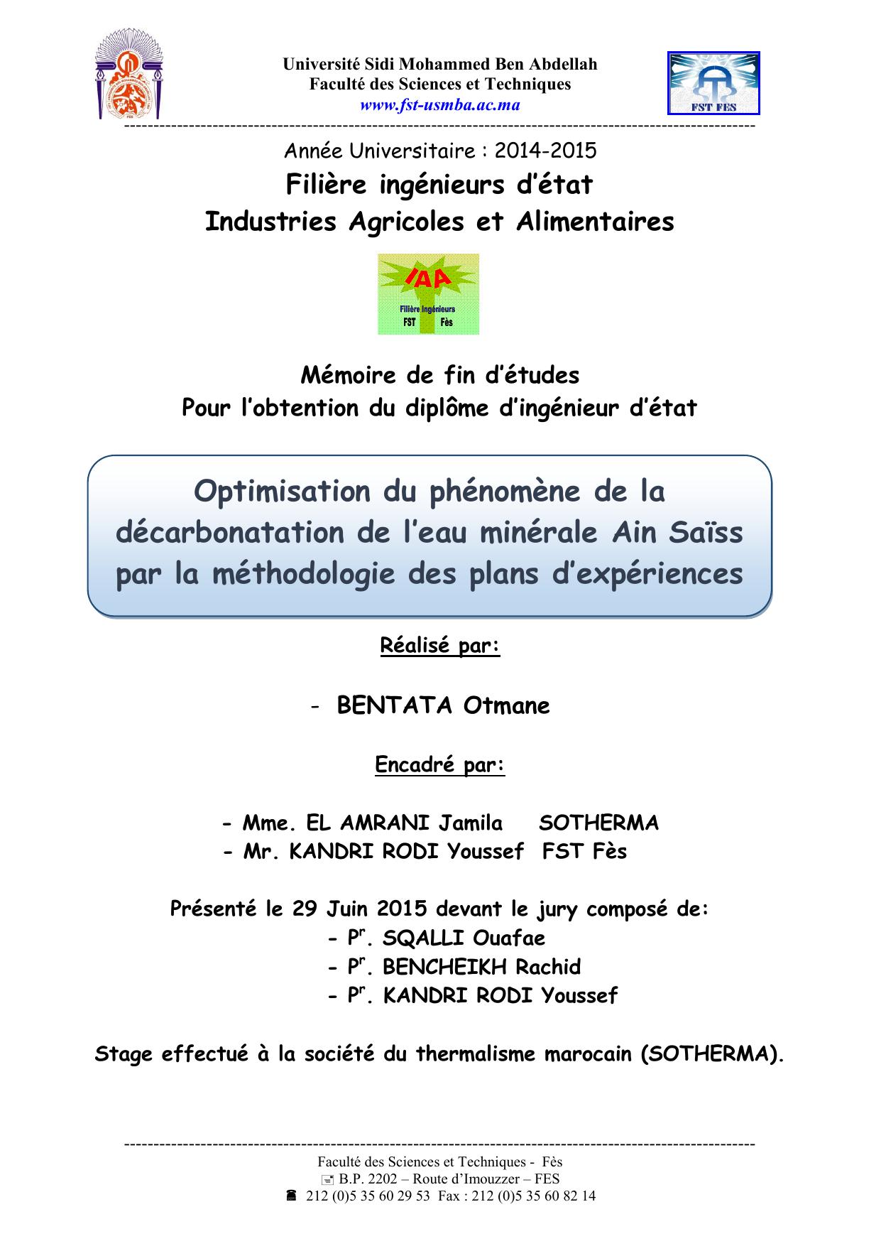 Optimisation du phénomène de la décarbonatation de l’eau minérale Ain Saïss par la méthodologie des plans d’expériences