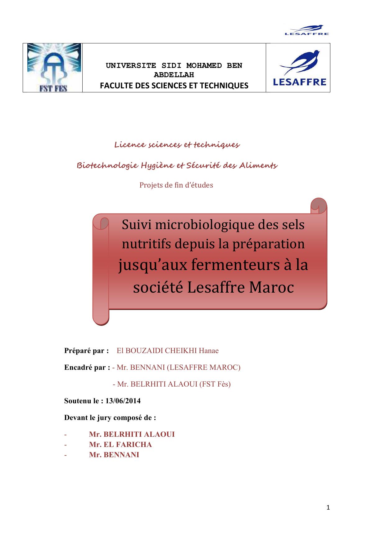 Suivi microbiologique des sels nutritifs depuis la préparation jusqu’aux fermenteurs à la société Lesaffre Maroc