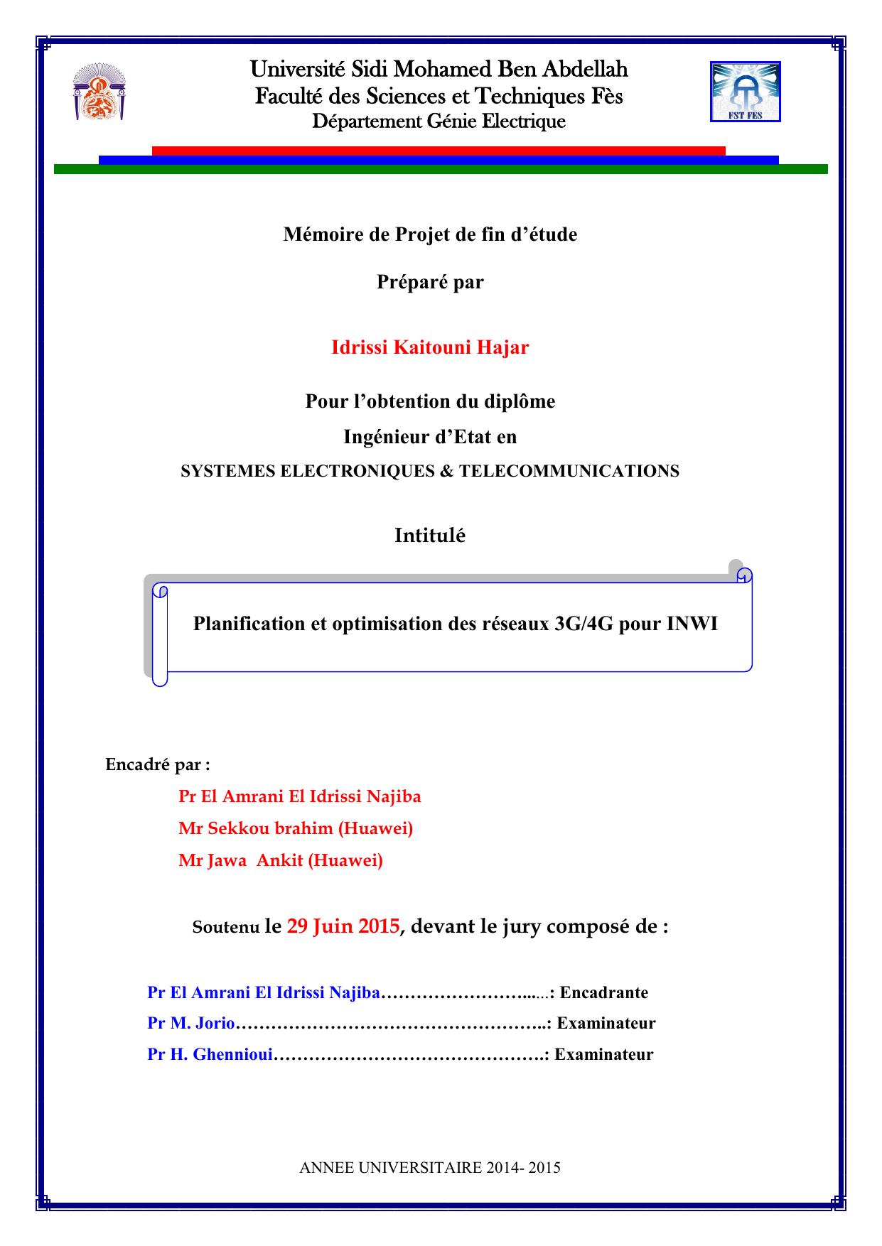 Planification et optimisation des réseaux 3G/4G pour INWI