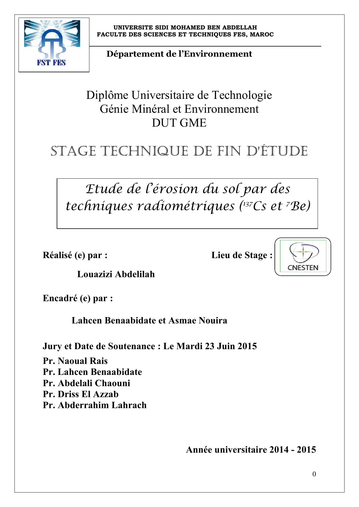 Etude de l’érosion du sol par des techniques radiométriques (137Cs et 7Be)