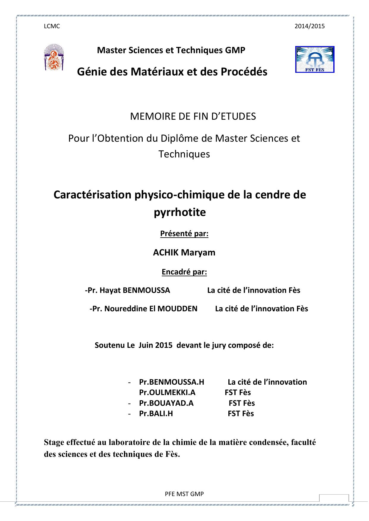 Caractérisation physico-chimique de la cendre de pyrrhotite