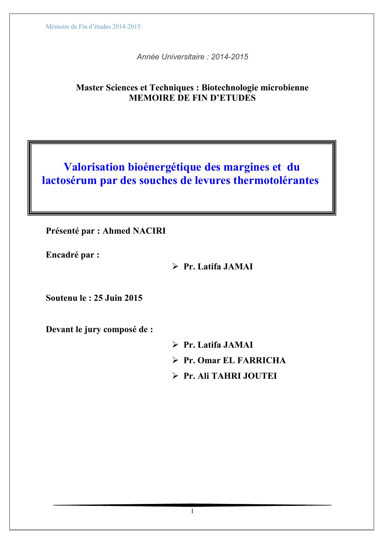 Valorisation bioénergétique des margines et du lactosérum par des souches de levures thermotolérantes