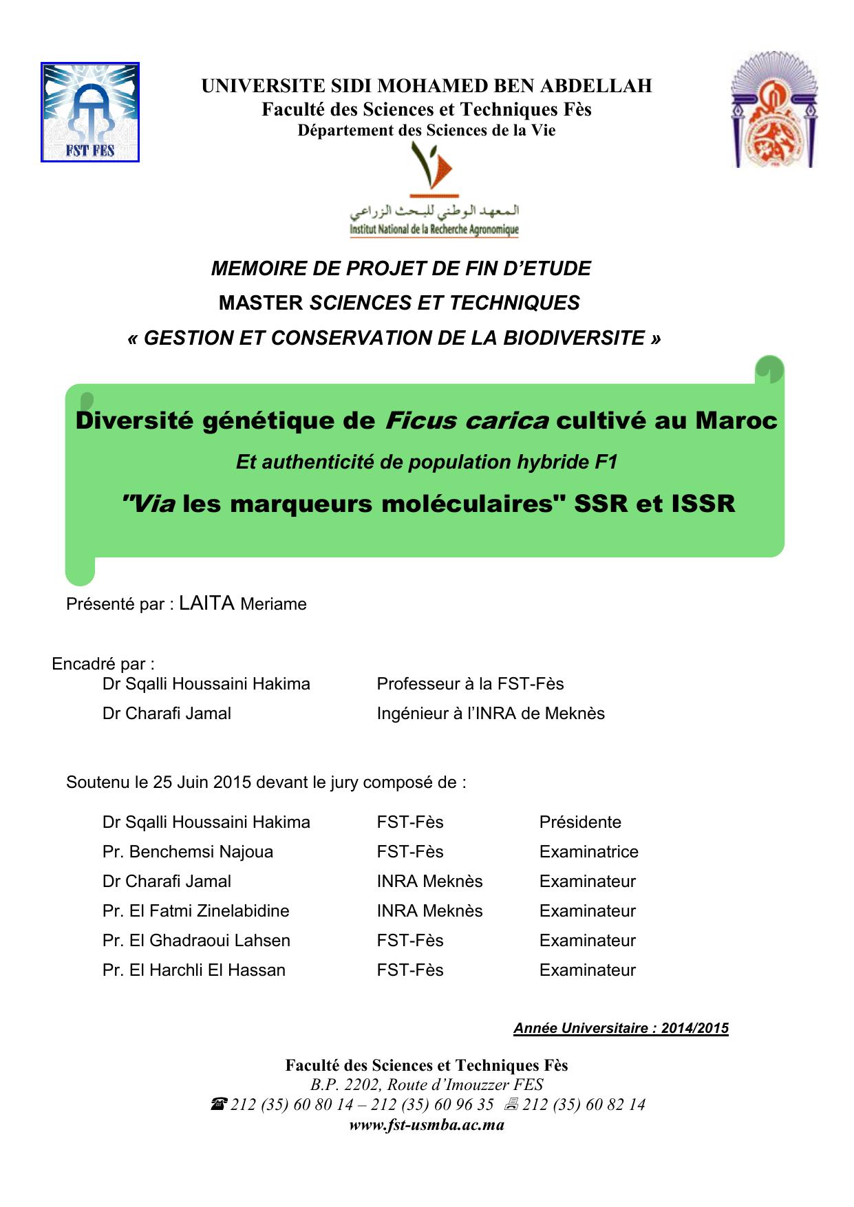 Diversité génétique de Ficus carica cultivé au Maroc Et authenticité de population hybride F1 "Via les marqueurs moléculaires" SSR et ISSR