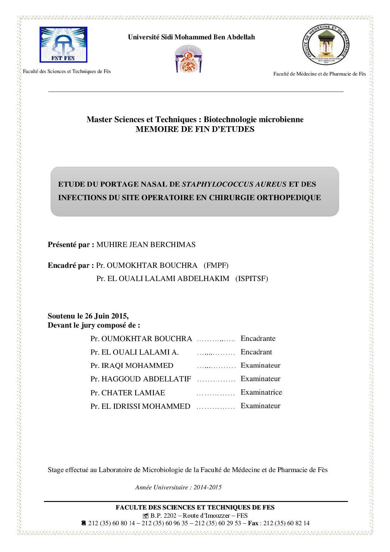 Etude du portage Nasal de Staphlococcus Aureus et des infections du site opératoire en chirurgie orthopédique