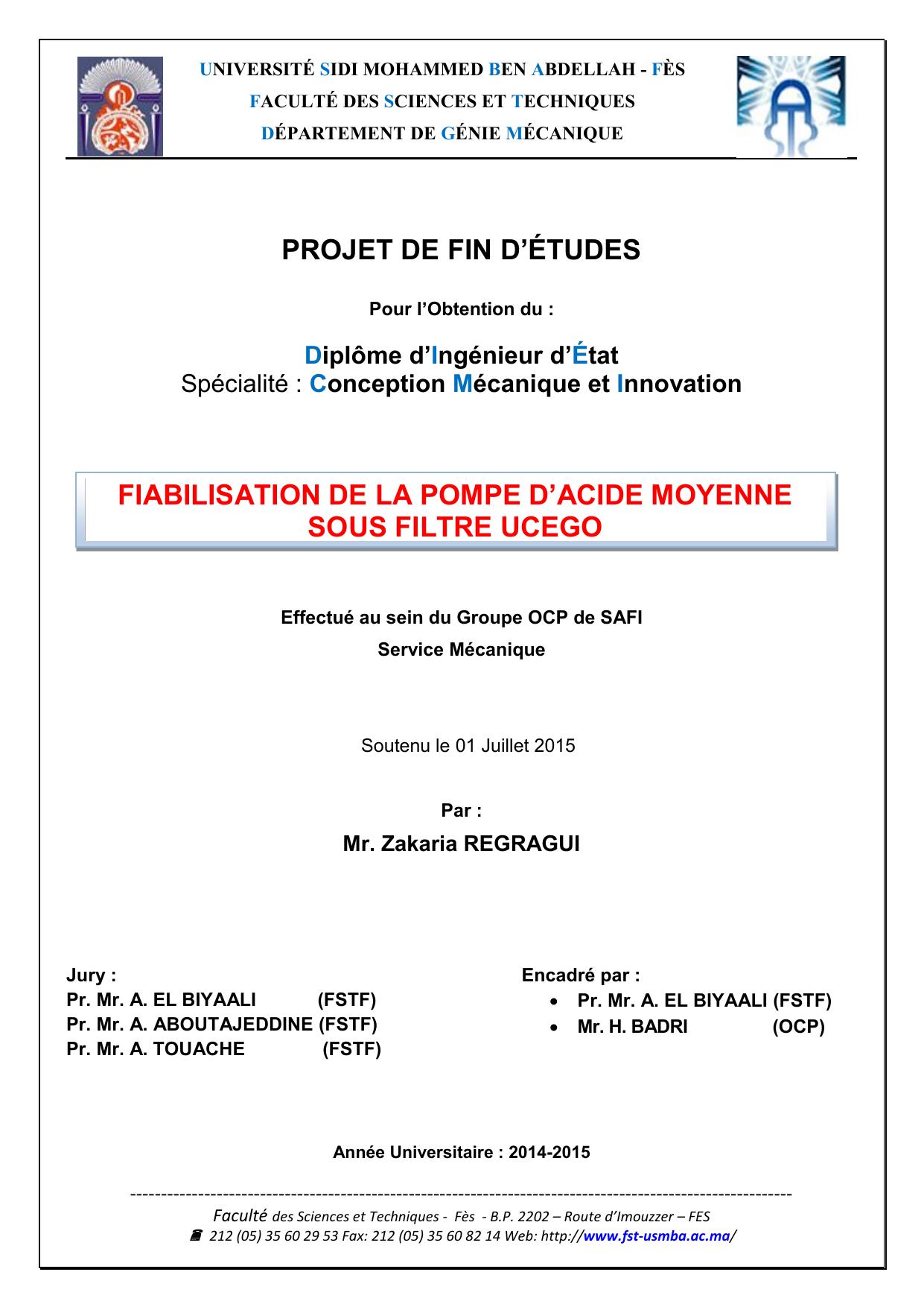 FIABILISATION DE LA POMPE D’ACIDE MOYENNE SOUS FILTRE UCEGO