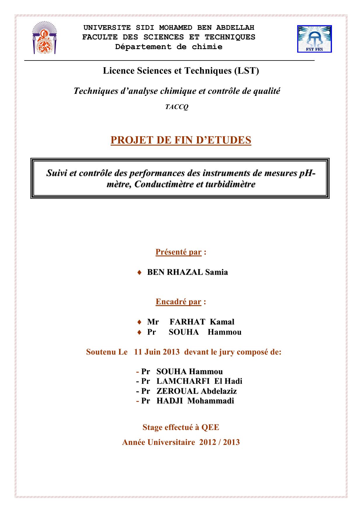 Suivi et contrôle des performances des instruments de mesures pHmètre, Conductimètre et turbidimètrec