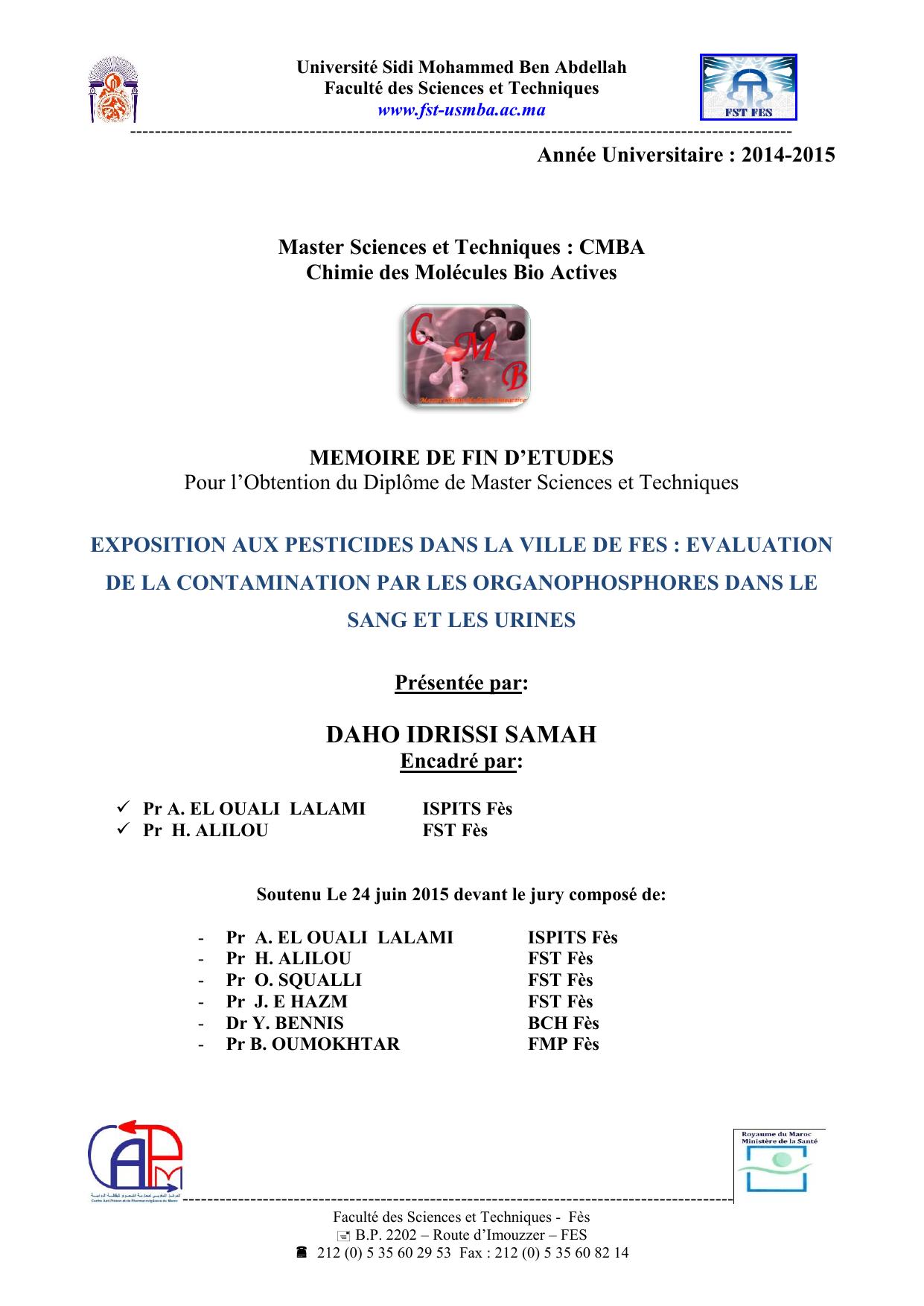 Exposition aux insecticides dans la ville de Fès : Evaluation de la contamination par les organophosphorés dans le sang et les urines