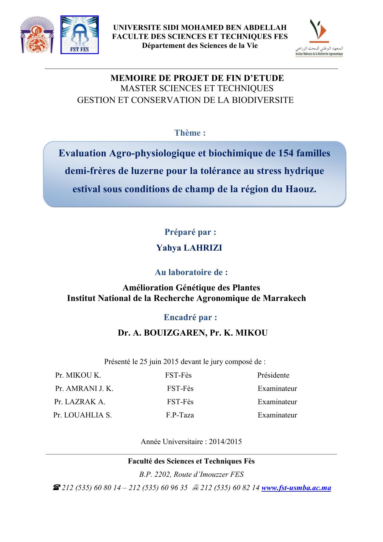 Evaluation Agro-physiologique et biochimique de 154 familles demi-frères de luzerne pour la tolérance au stress hydrique estival sous conditions de champ de la région du Haouz