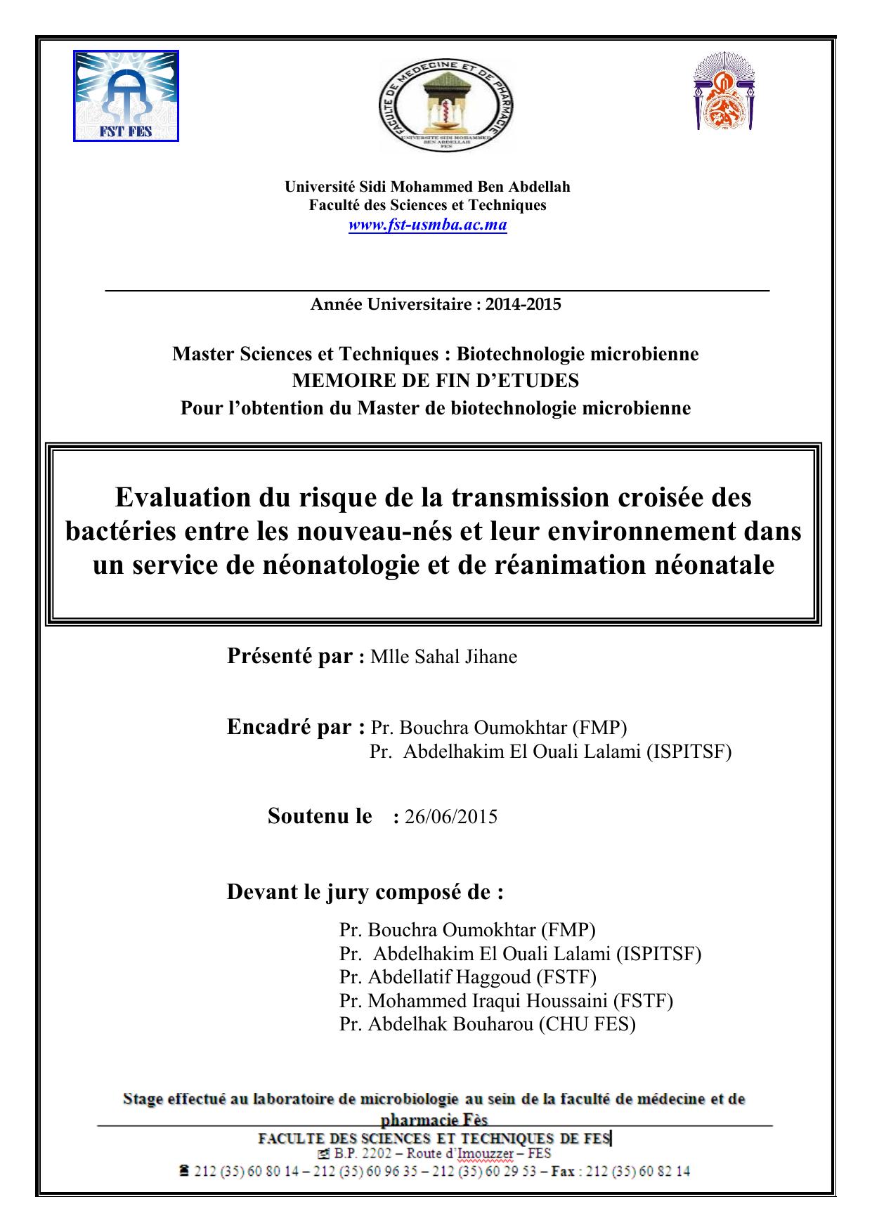 Evaluation du risque de la transmission croisée des bactéries entre les nouveau-nés et leur environnement dans un service de néonatologie et de réanimation néonatale