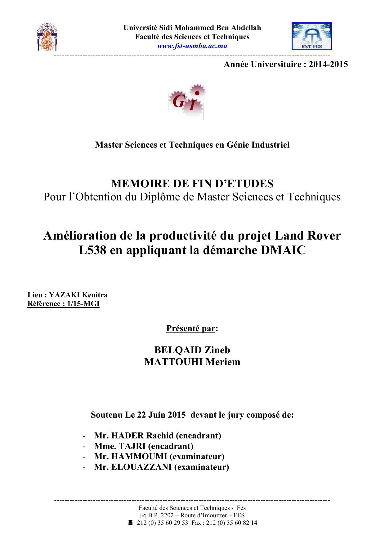 Amélioration de la productivité du projet Land Rover L538 en appliquant la démarche DMAIC