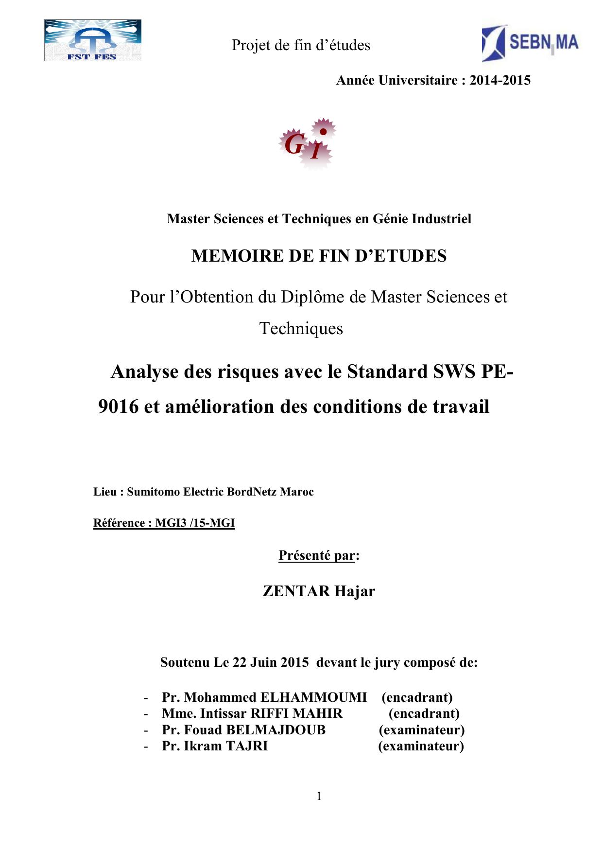 Analyse des risques avec le Standard SWS PE-9016 et amélioration des conditions de travail